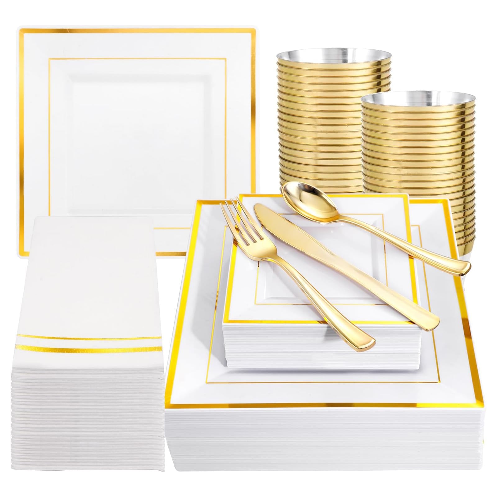 Afoxsos 350pcs Gold Plastic Plates Set for 50 Guests Includes 50 Dinner Plates 9.5 Inch 50 Dessert Plates 6 Inch Cups Cutlery Napkins for Parties Weddings