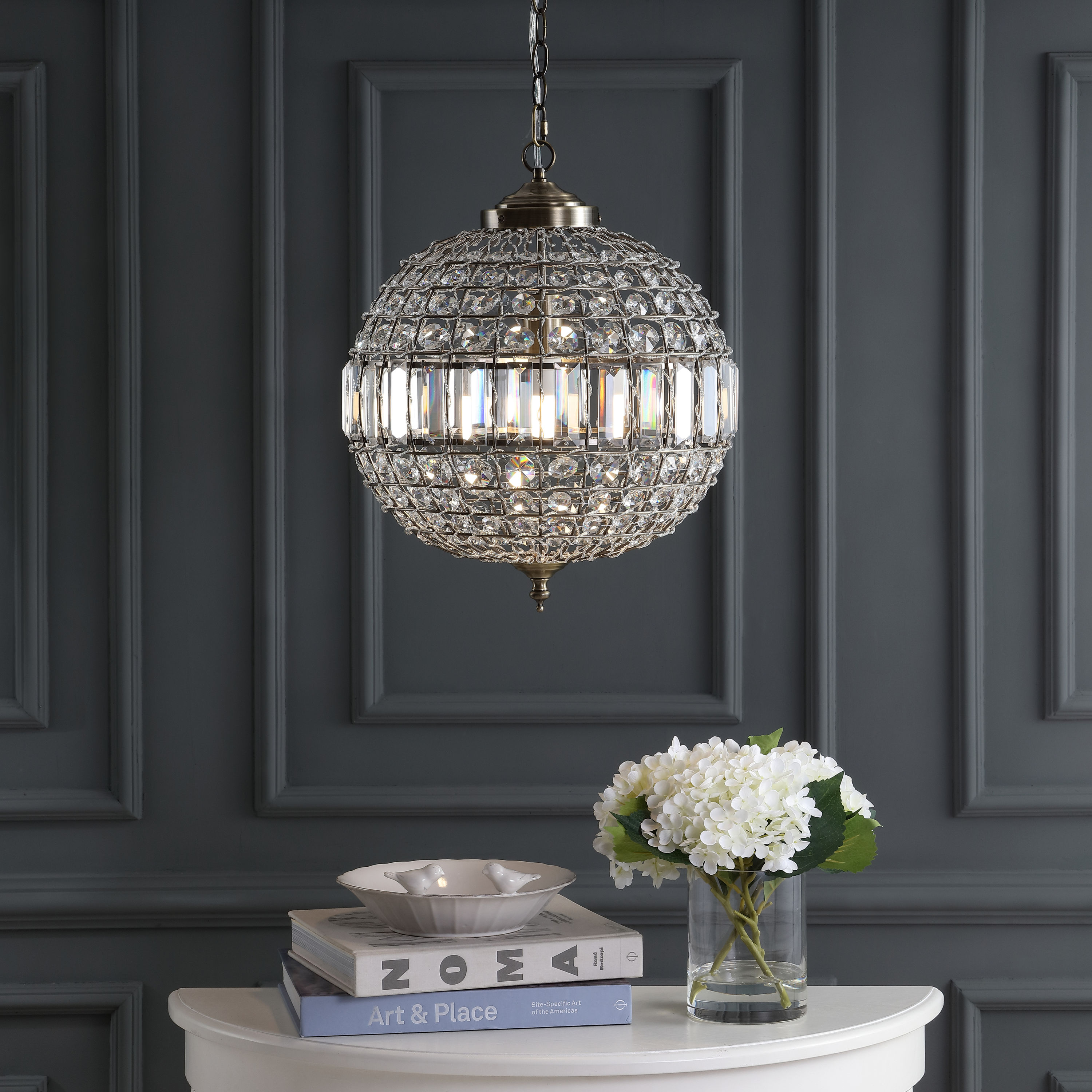 Georgina 16" Antique Brass Crystal LED Drum Pendant
