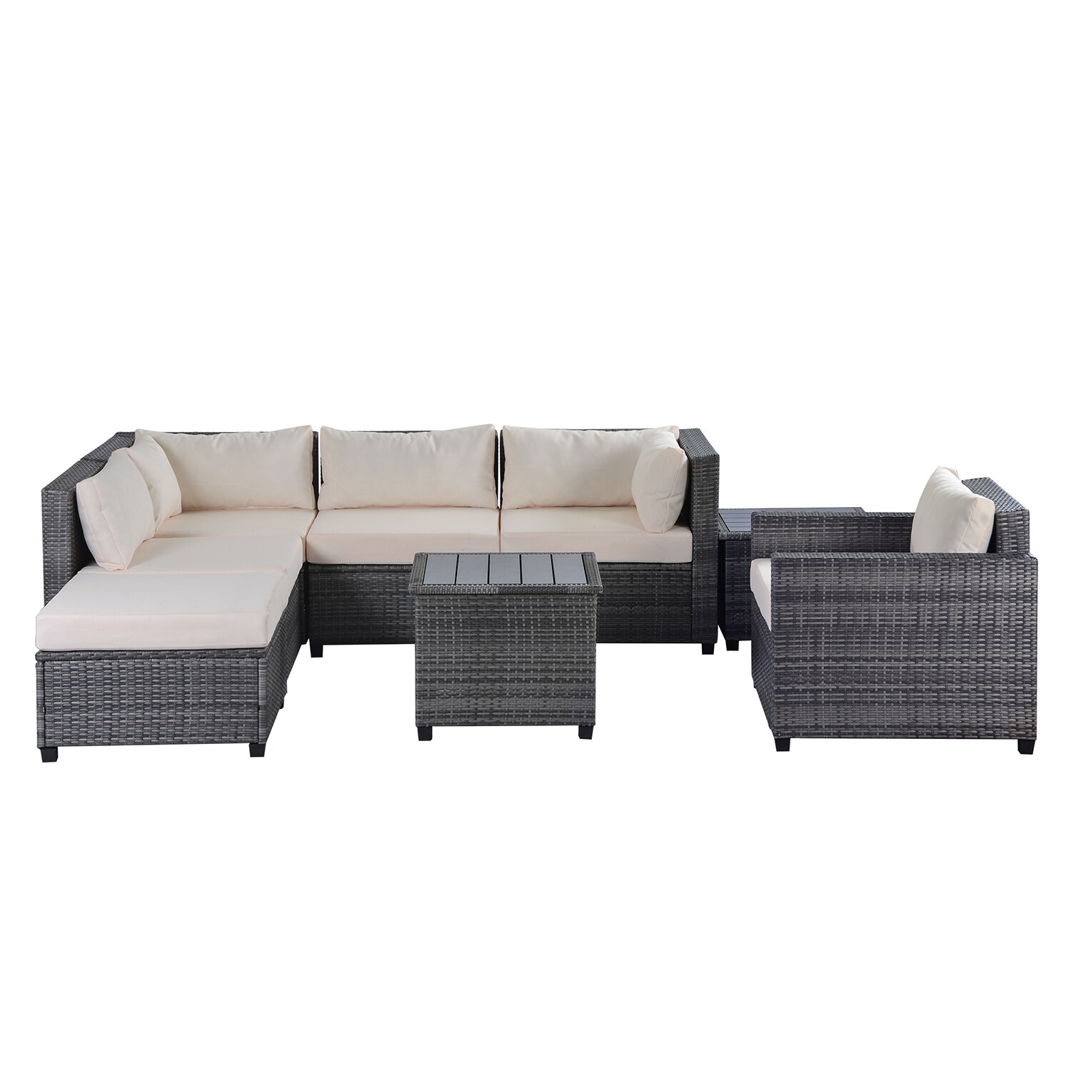 SINOFURN Rattan Outdoor Sectional with Red Cushion(S) and Rattan