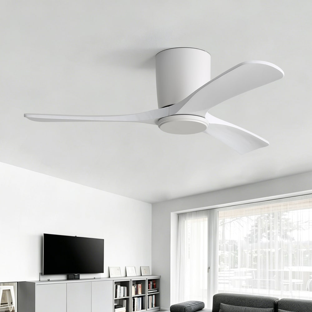 Sofucor 42-in Modern White Flush Mount 3-Solid Wood Blade Ceiling Fan Led Light and Silent Remote Control