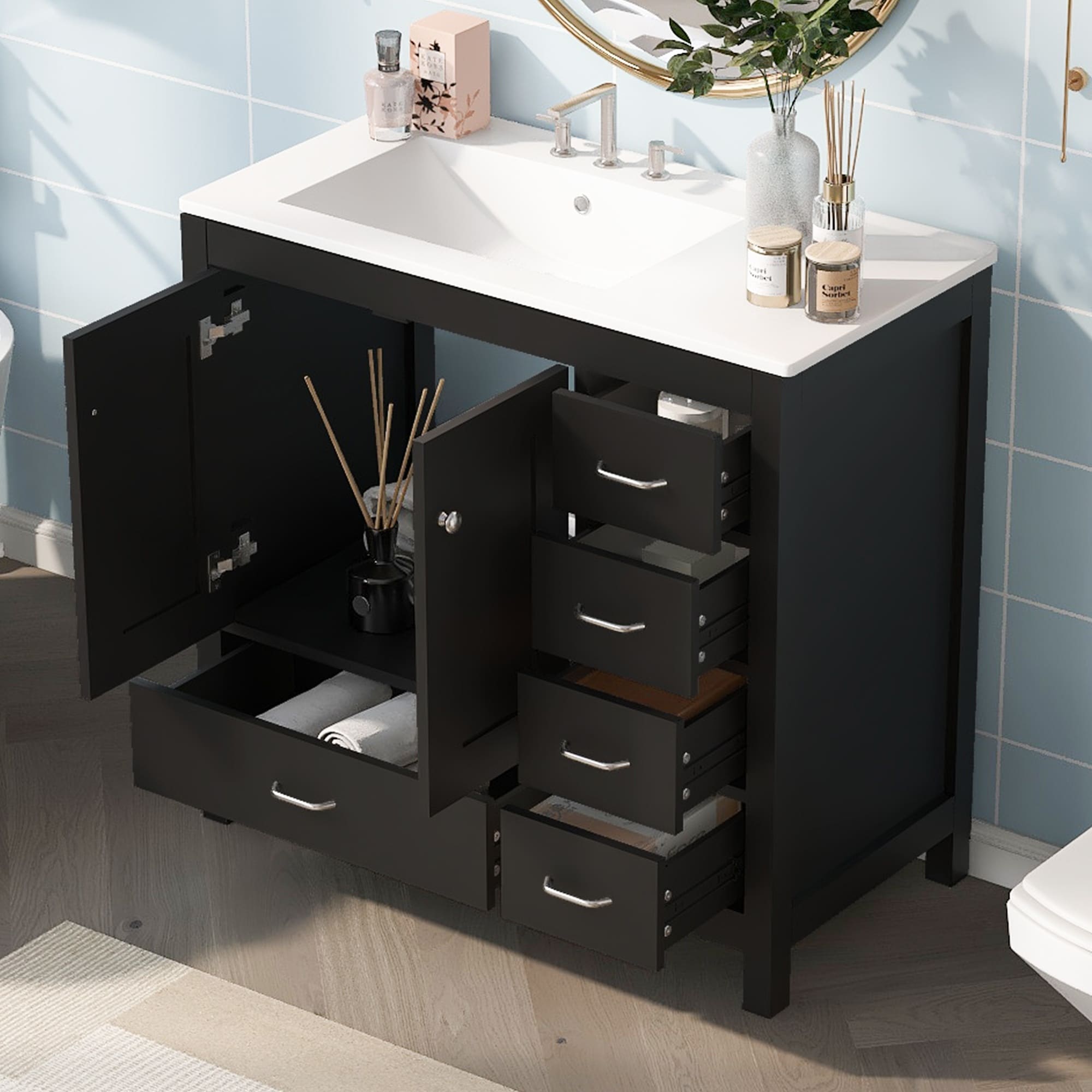 HyperDrop Cart 36 Inch Bathroom Vanity with Ceramic Sink Combo Abundant Storage Cabinet 2 Soft Close Doors and 5 Drawers Black #B-7F2S3V0M7M2P