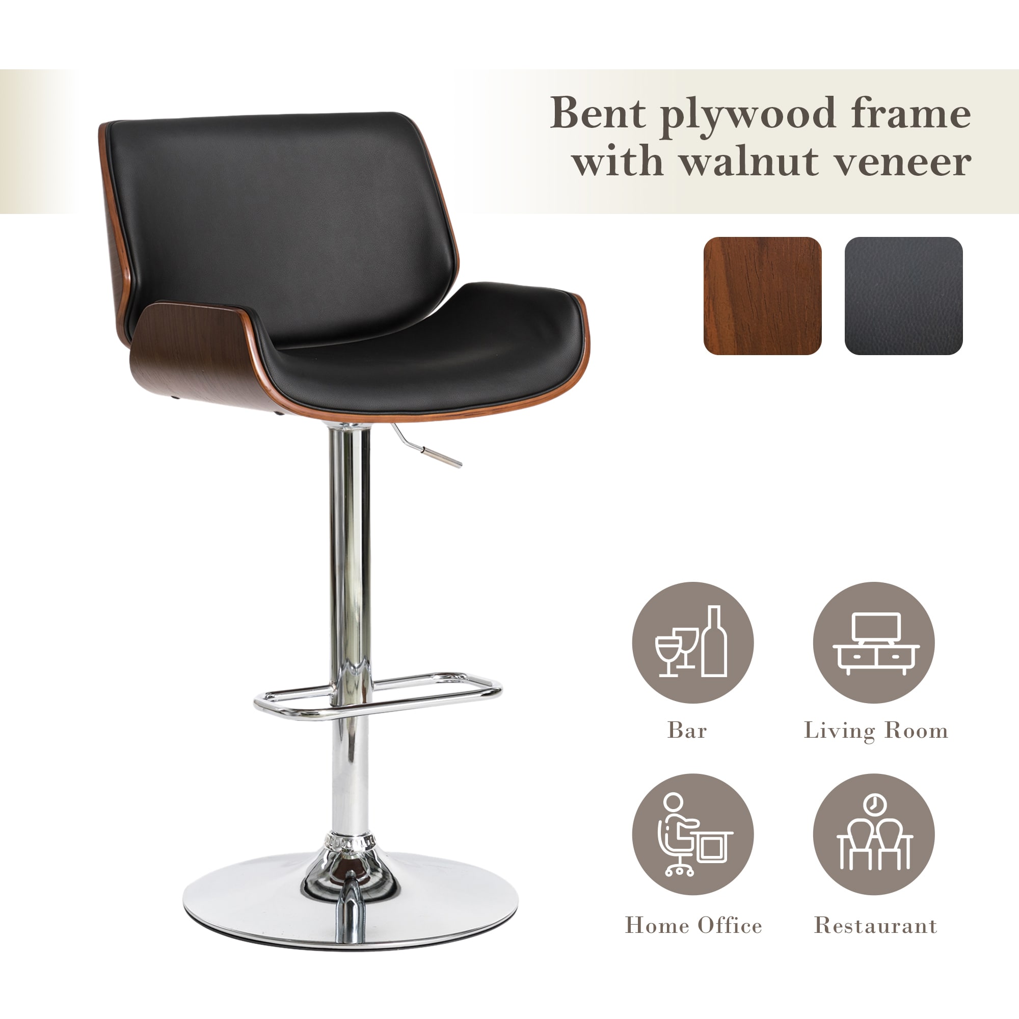 Modern Bentwood Adjustable Swivel Bar Stool Set in Black and Walnut