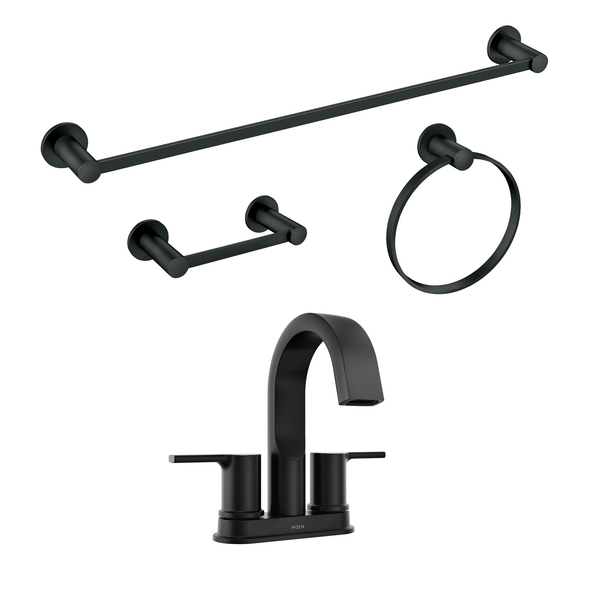 Moen  Avri 4in Centerset 2-Handle Bathroom Faucet with 24 in. Towel Bar, Paper Holder and Towel Ring in Matte Black