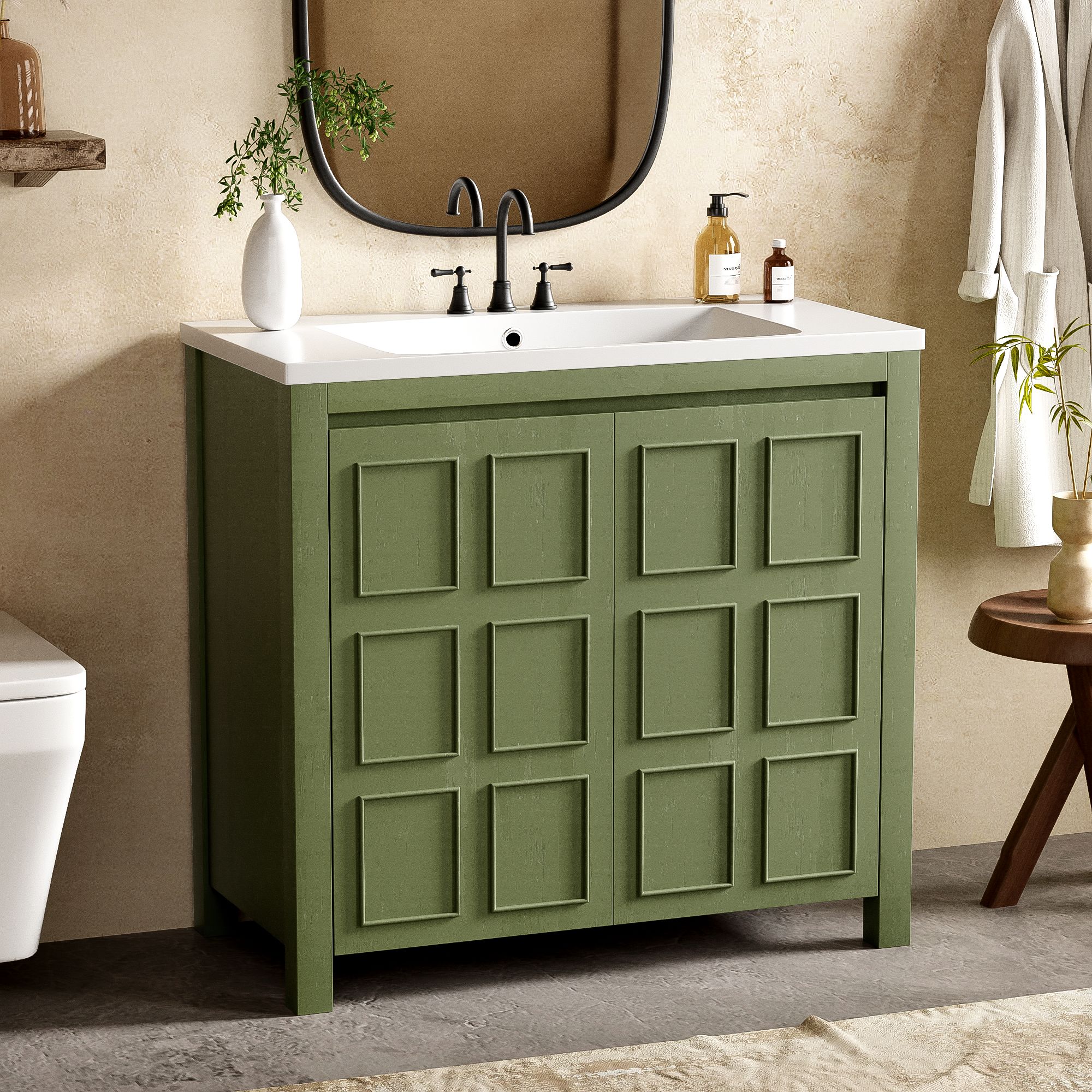 WELLFOR AMVS36-03 36-in Olive Green Undermount Single Sink Bathroom Vanity with White Cultured Marble Top
