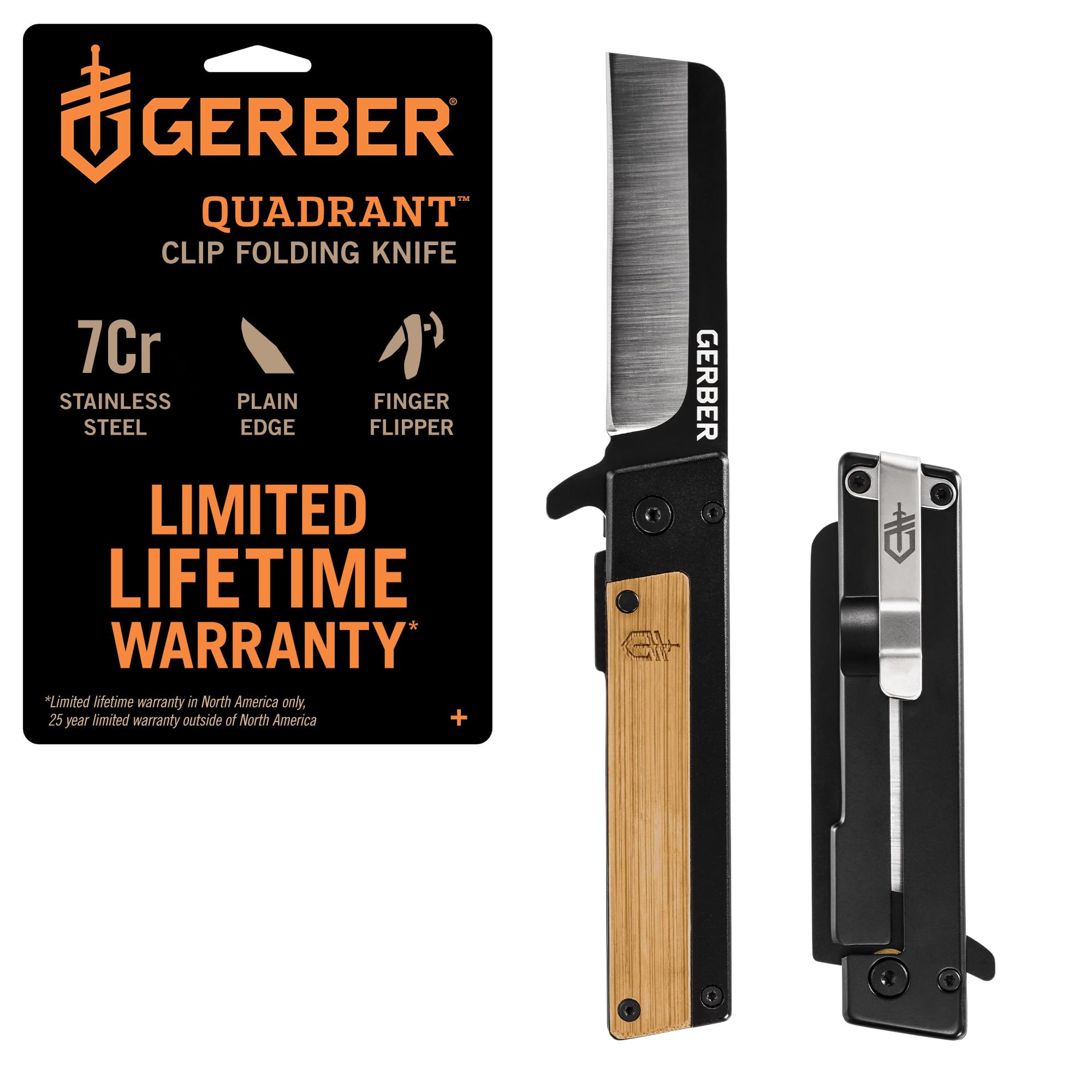 Gerber  Gear Quadrant Clip Folding Pocket Knife EDC Plain Edge Flipper Knife with Pocket Clip Gifts for Men Stainless Steel Survival Tool Bamboo