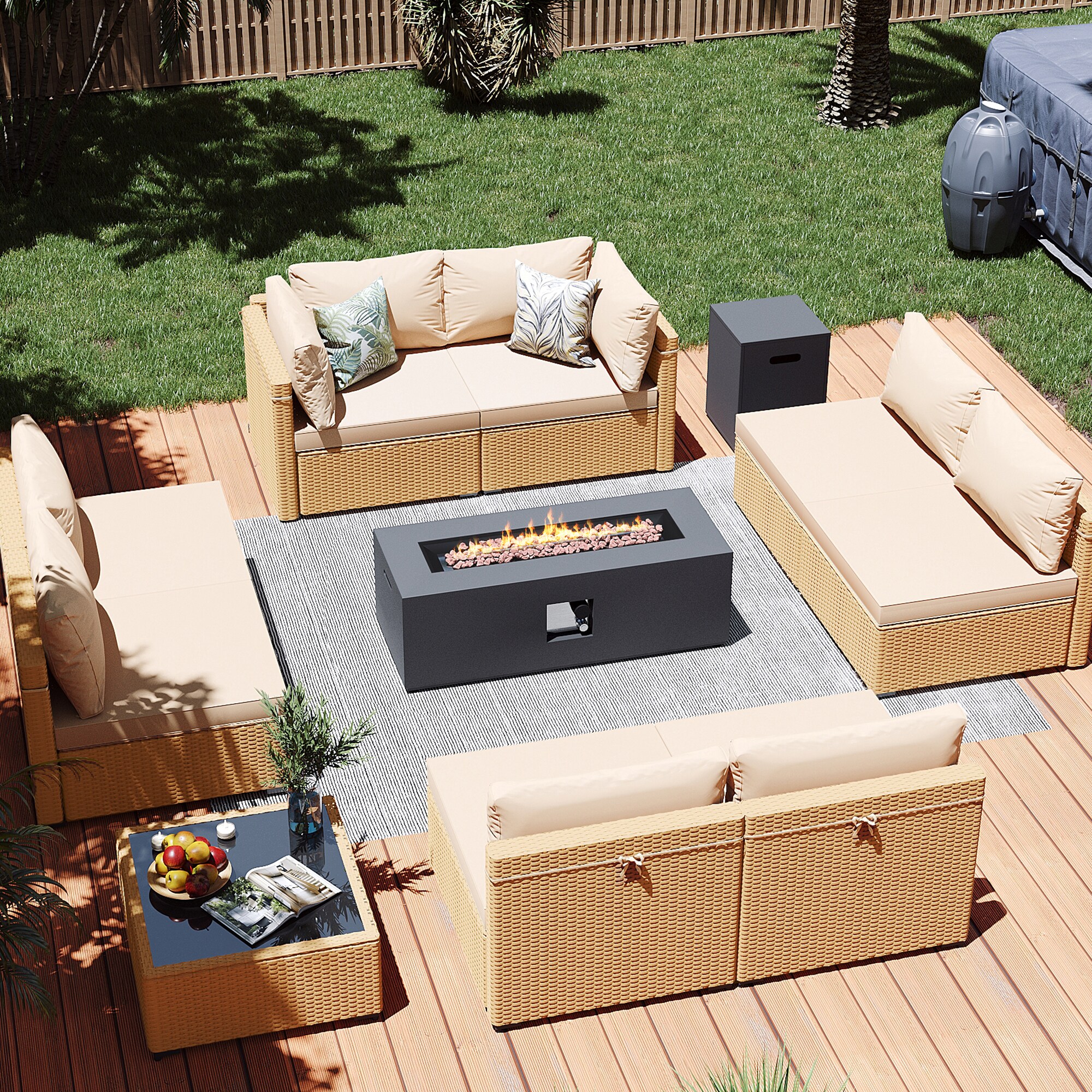 Patio Watcher LS-RT9-KD42CDK-Y1 10 -Piece Rattan Patio Conversation Set with Beige Cushions