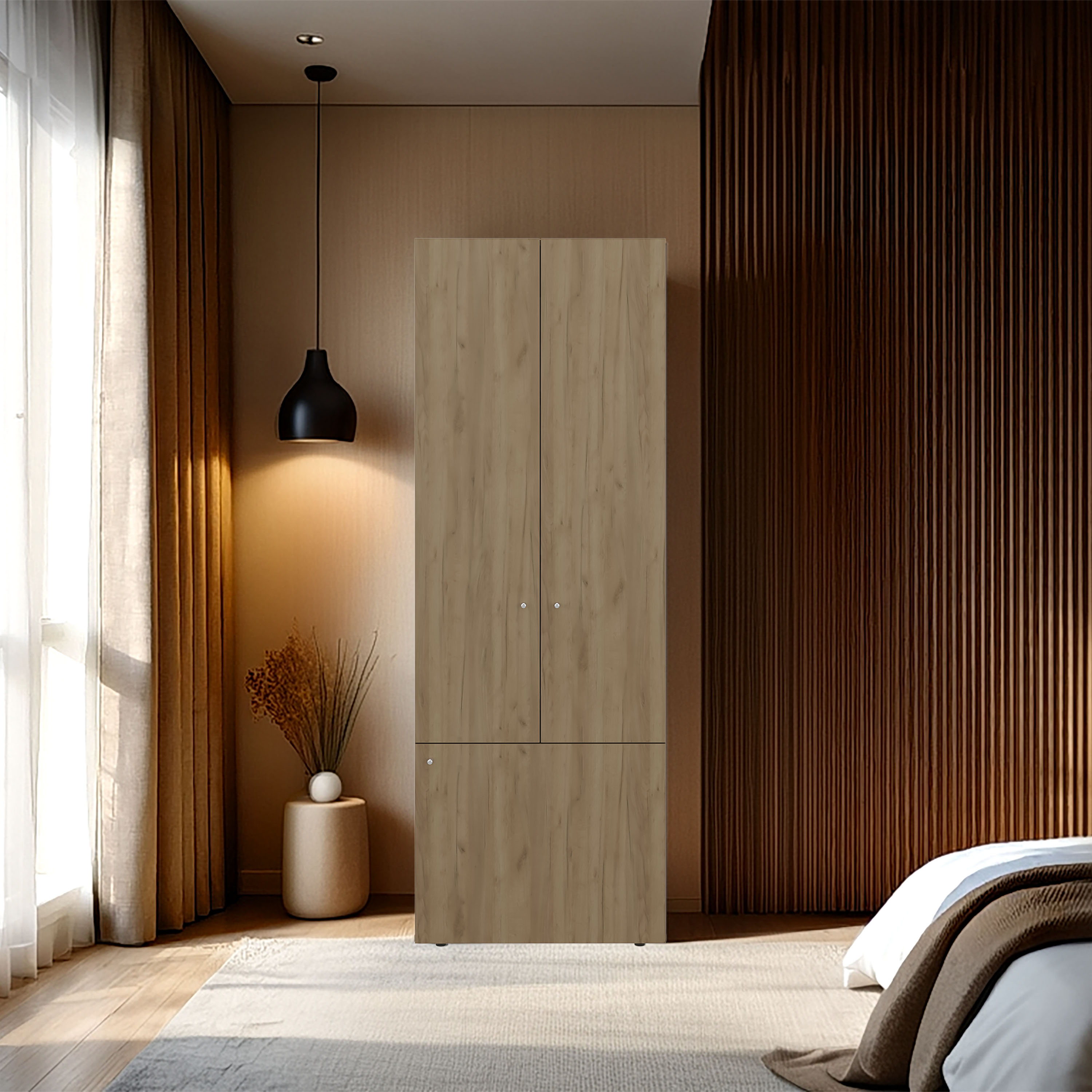 LOVMOR Armoir 66.9in H 3 Doors 3 Shelves Natural Oak / White - Bedroom