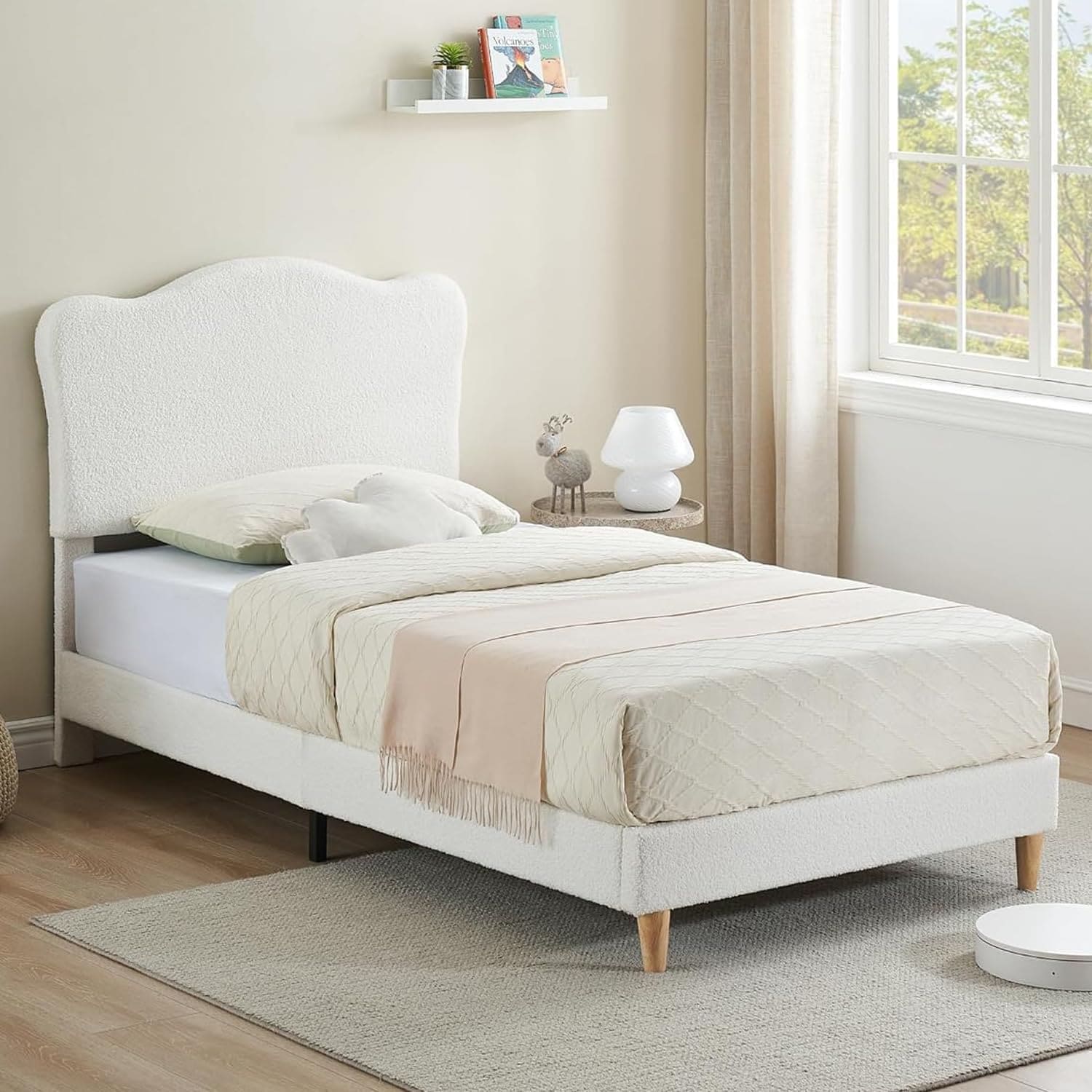 Qeetex LHF-BED-PHO-1502RFG6 Twin Size Upholstered Bed Frame with Adjustable Headboard Boucle Upholstered Platform Bed for Kids Strong Wood Slats No Box Spring Needed Noise-Free Easy Assembly Beige