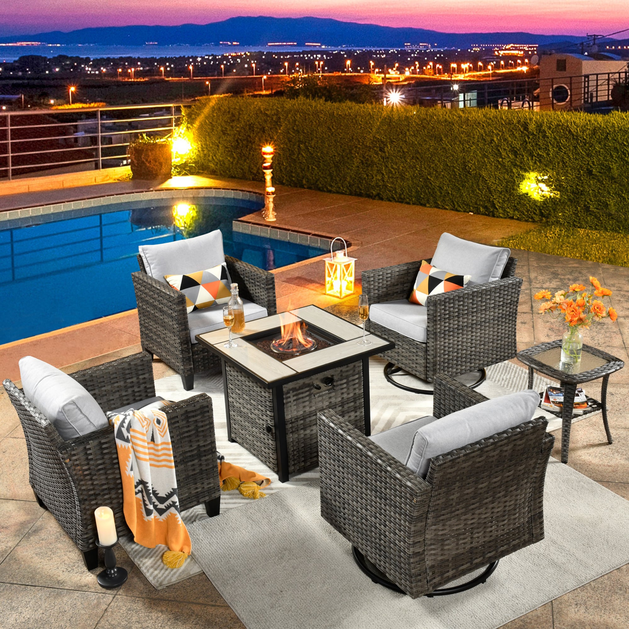 Pouuin SFPYZGRS7022M 6 -Piece Rattan Patio Conversation Set with Gray Olefin Cushions