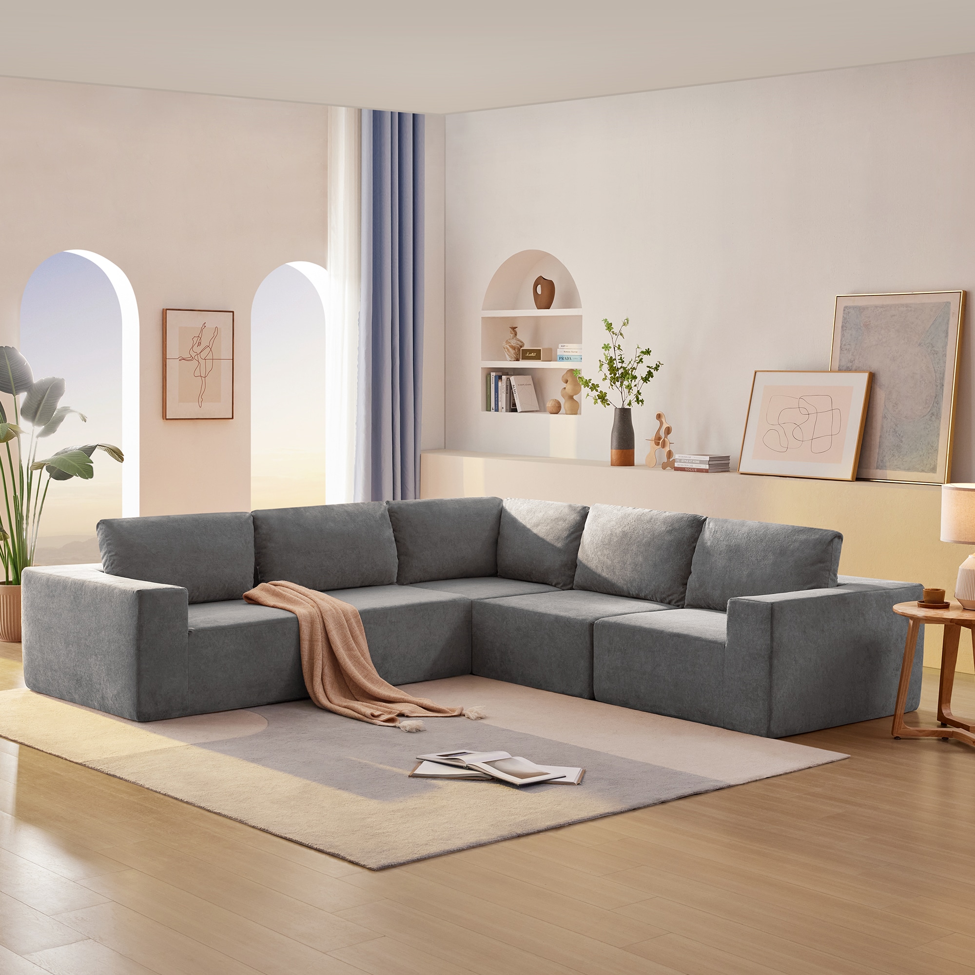 GZMR GZ-GN3613E Modular L Shaped Sectional Terry Cloth Sofa 116-in Modern Gray 5 -seater Sofa
