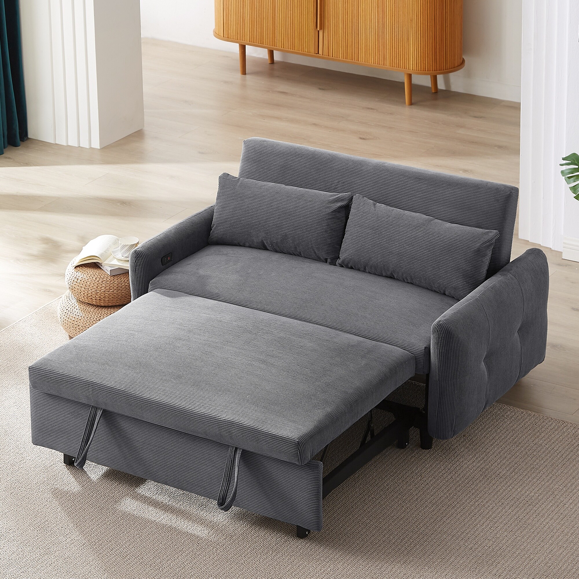 HyperDrop Cart 57.48in 2-Seat Pull-Out Convertible Sofa Bed/ Modern Sleeper with 2 Throw Pillows and USB Ports - Dark Grey