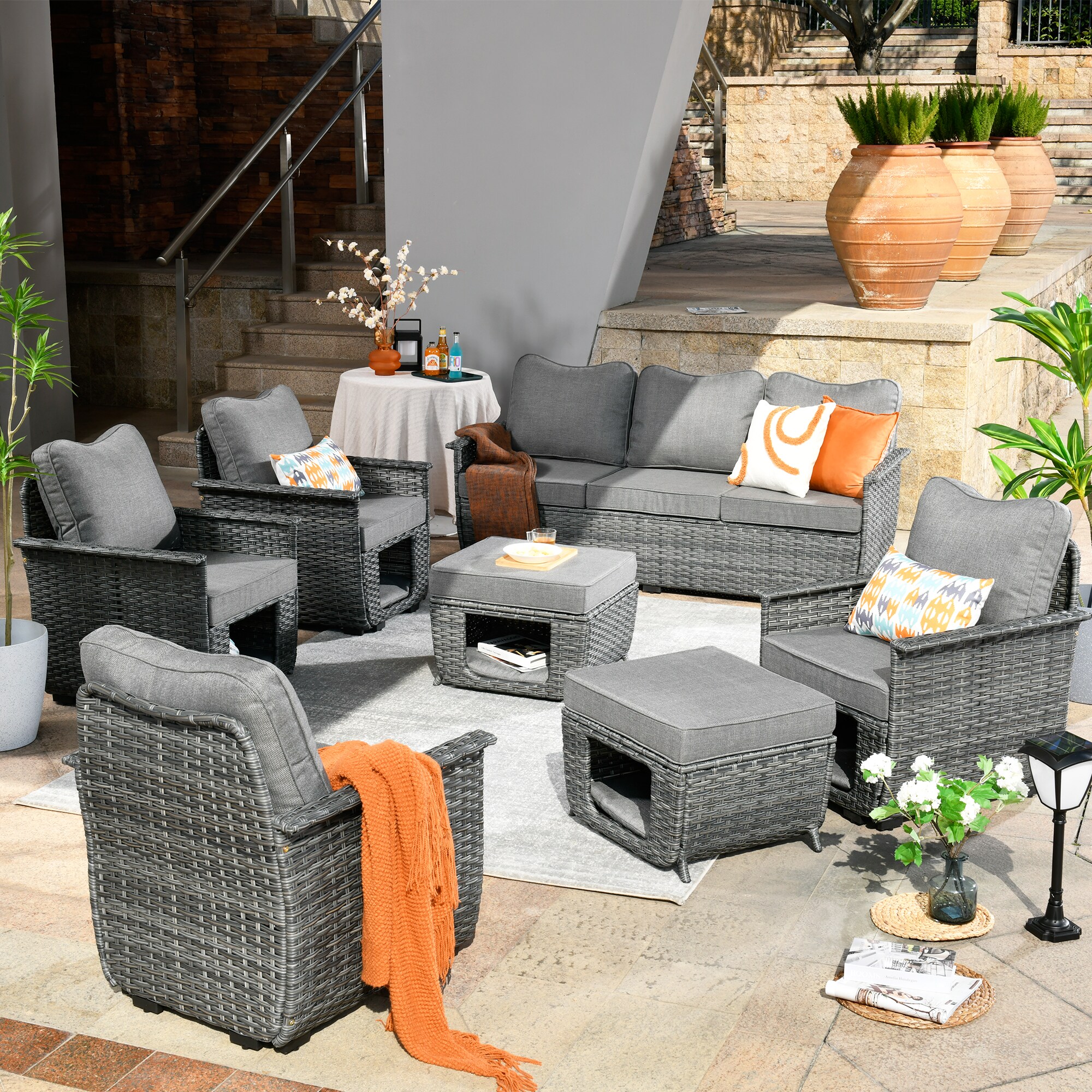 Pouuin SPET2007 7 -Piece Rattan Patio Sofa Conversation Set with Gray Cushions