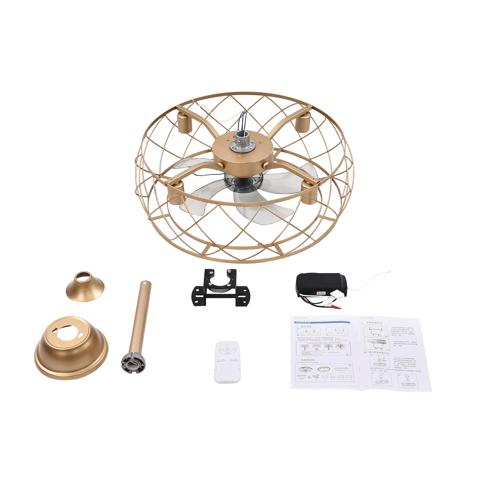 20" Gold Aluminum Caged Ceiling Fan with LED Light and Remote