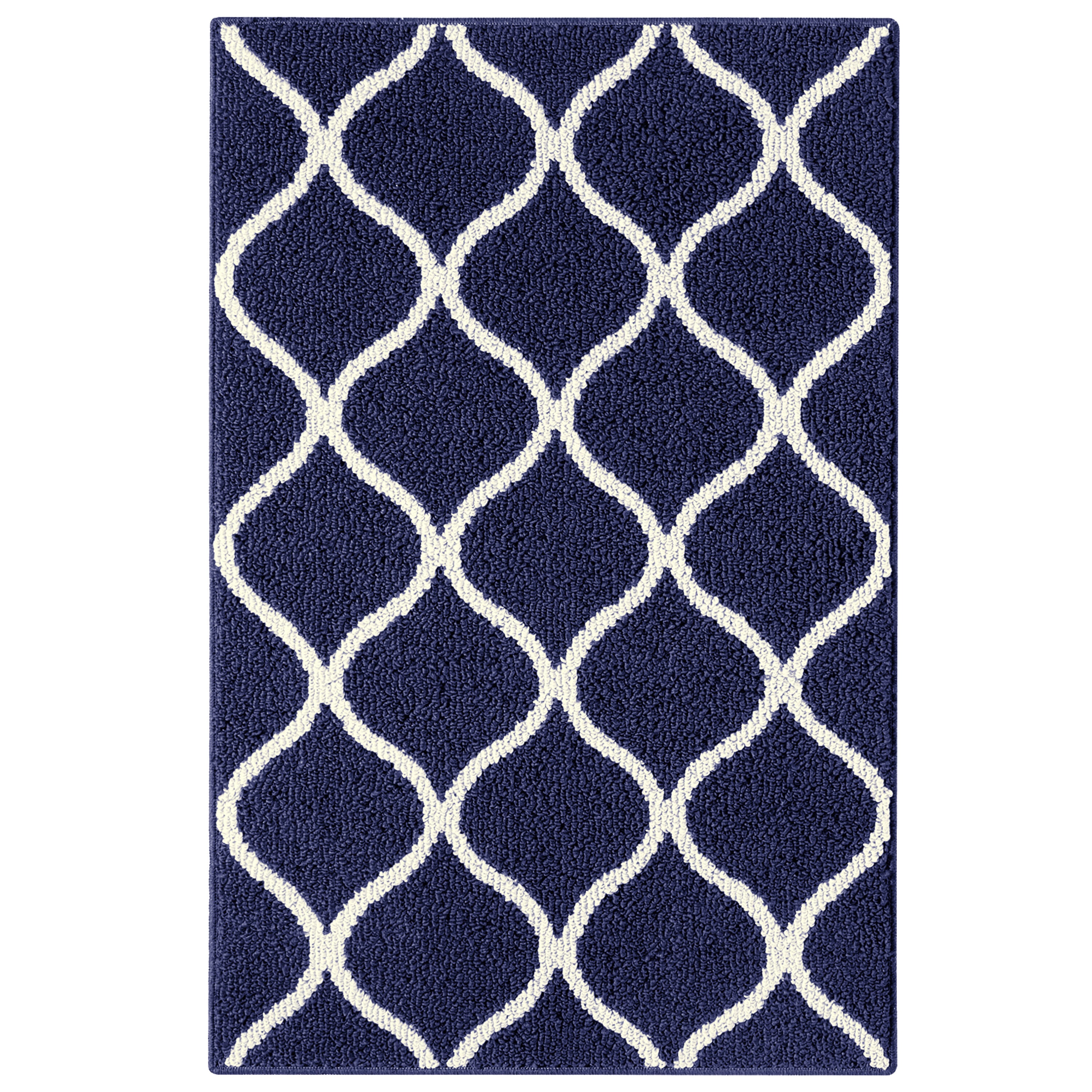 Navy Blue and White Tufted Geometric Indoor Rug