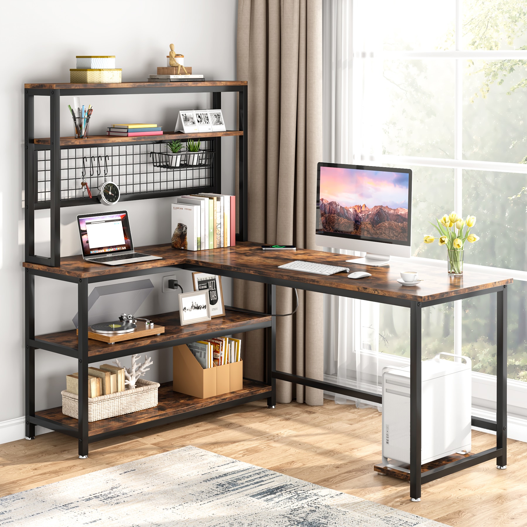 Tribesigns 55 inch W Brown Computer Desk with 5 Shelves and
