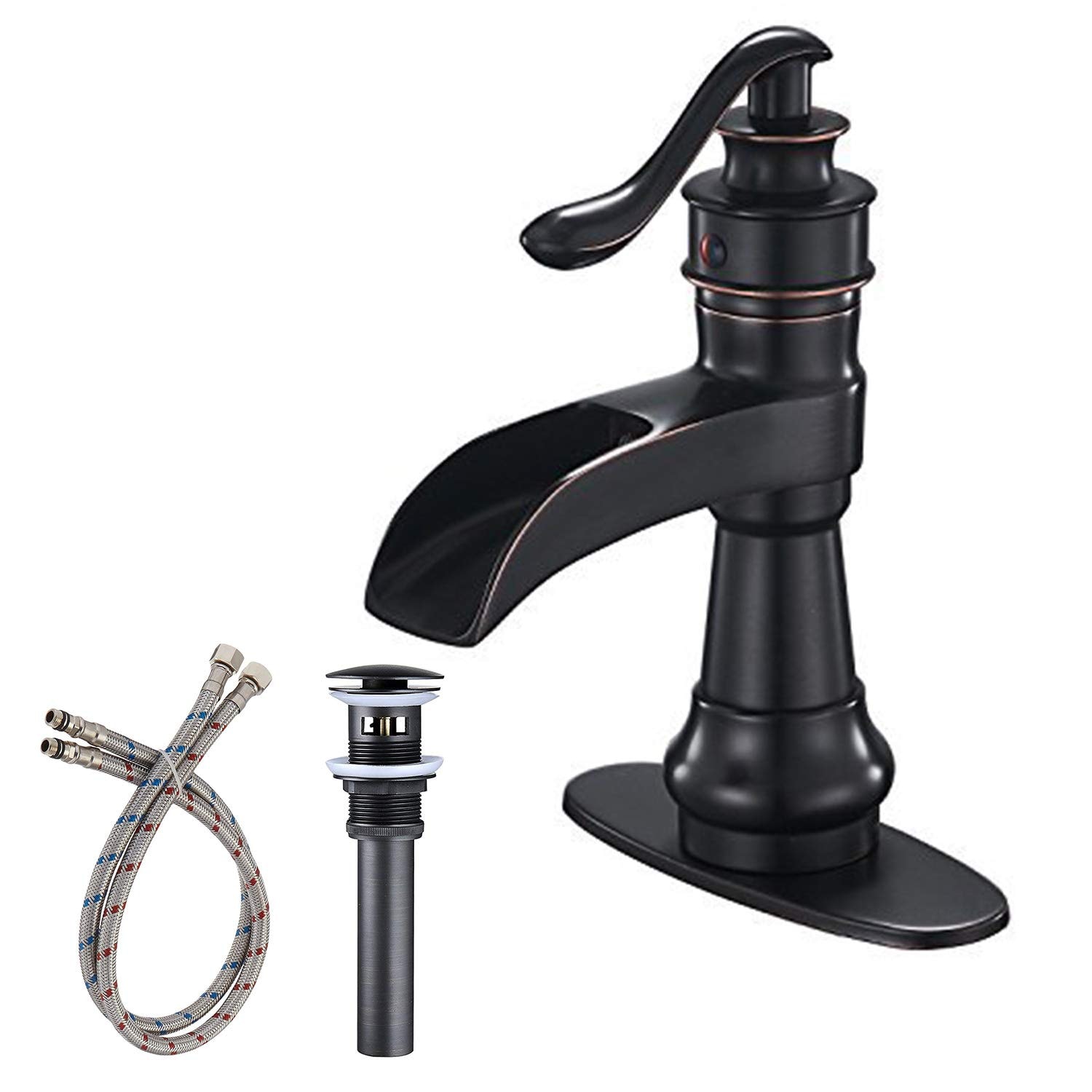 BWE A-96558-ORB-2 Oil Rubbed Bronze Single hole 1-handle WaterSense Waterfall Commercial/Residential Handle Bathroom Sink Faucet with Drain with Deck Plate
