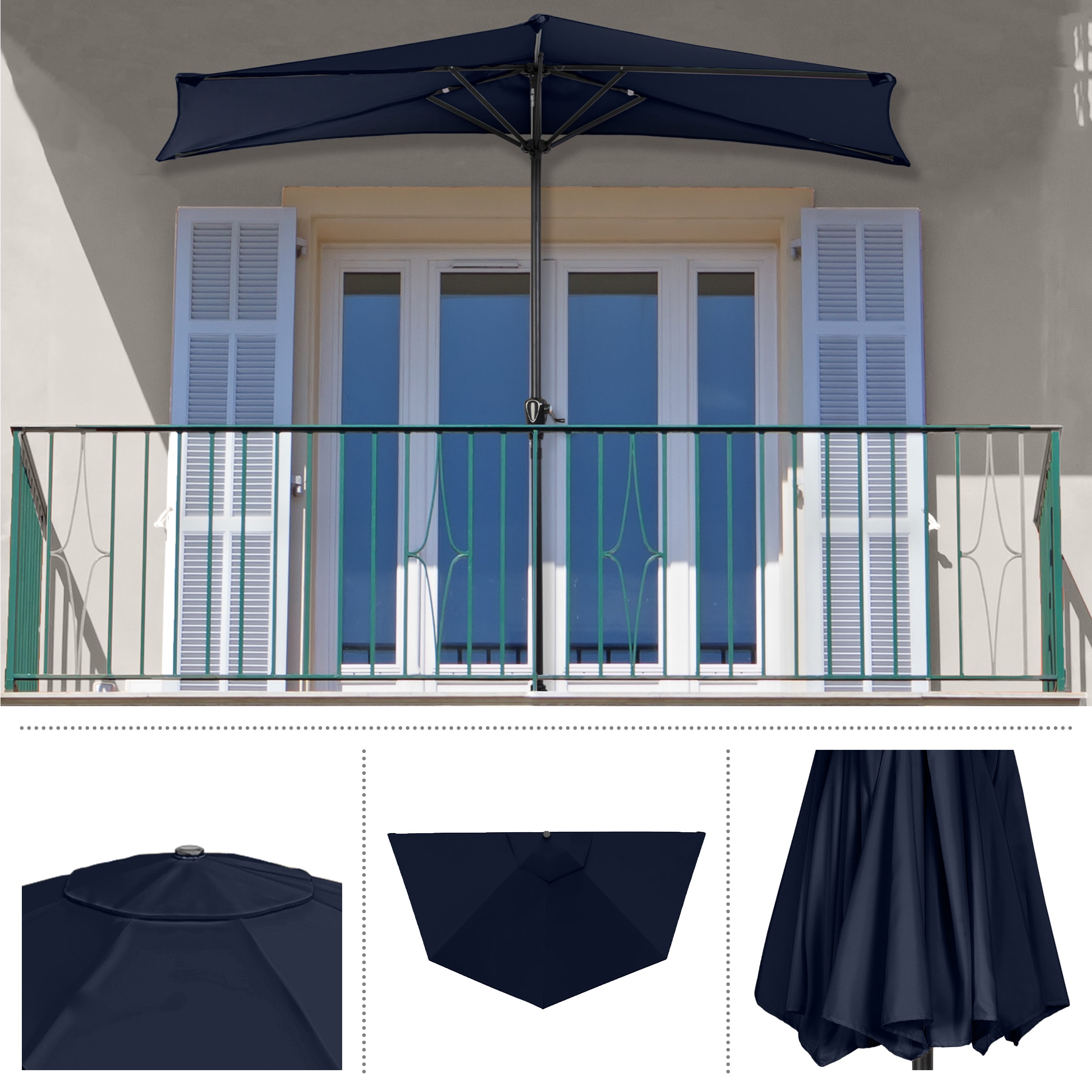 Navy Blue 9ft Half Round Steel Patio Umbrella