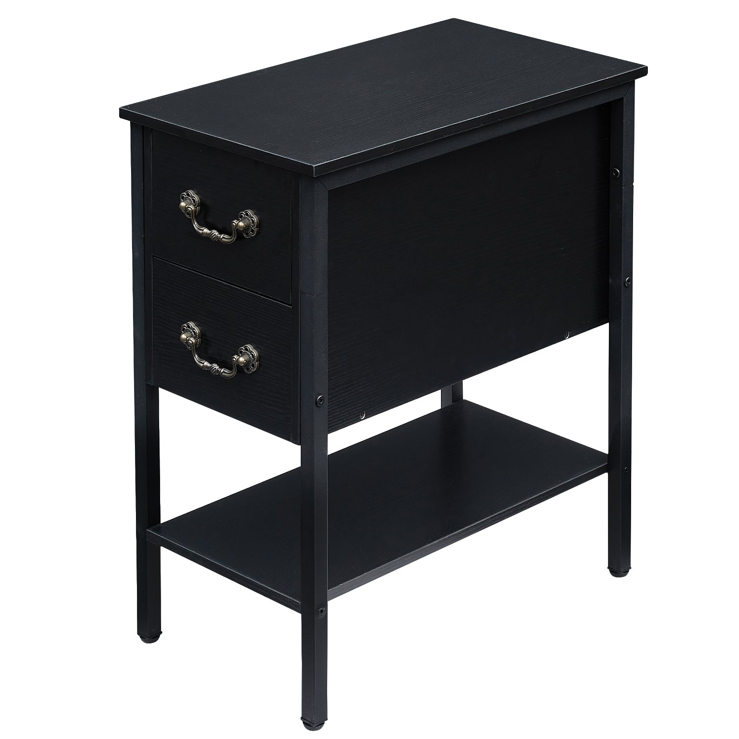 Vecelo LOE-XF-NT04-BLK Narrow Nightstand End Table with Drawers and Storage Shelf for Small Spaces Living Room Bedroom Black