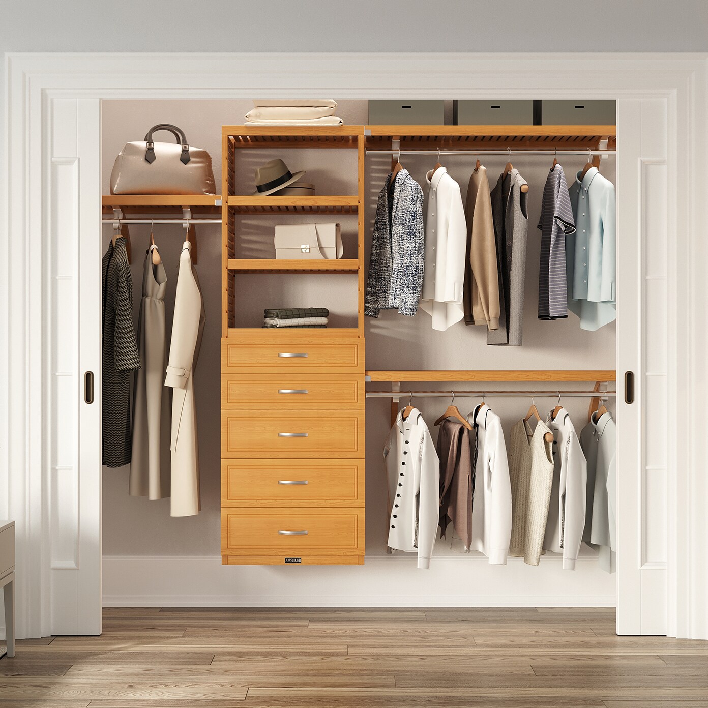 John Louis Home JLH-458WC-H 4-Feet to 10-Feet W x 7-Feet H Honey Maple Ventilated Shelving Wood Closet System