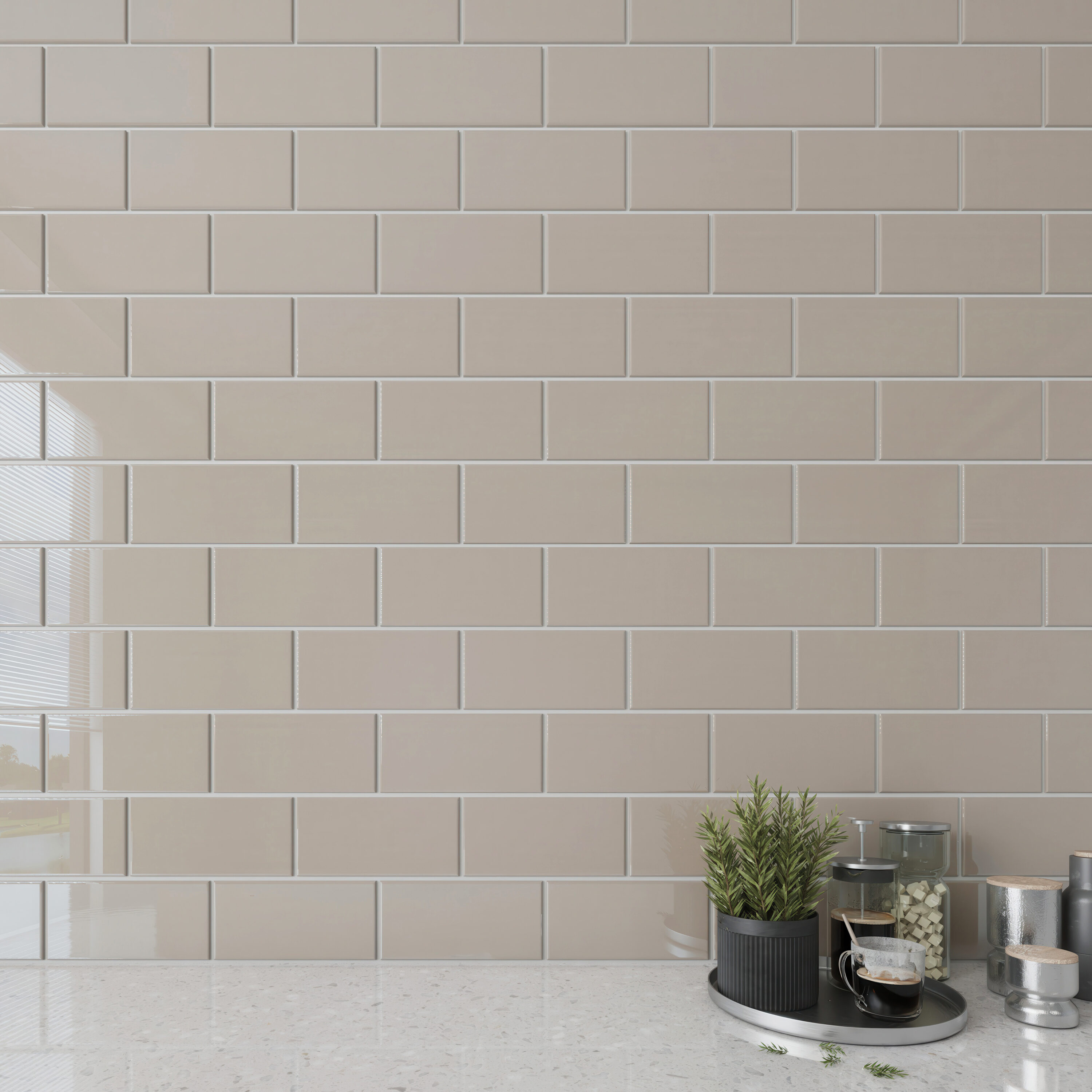 Giorbello G5914 Classic Premium Light taupe 3-in x 6-in Glossy Glass Subway Standard Wall Tile ( 5-sq ft Carton )