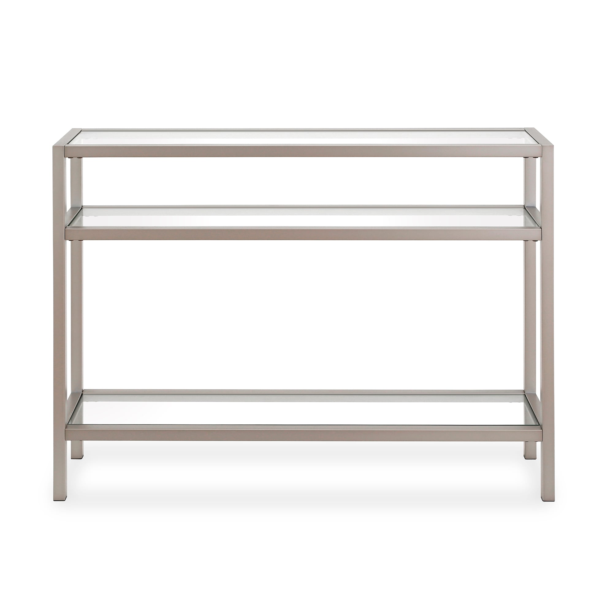 Satin Nickel Industrial Console Table with Tempered Glass Shelves