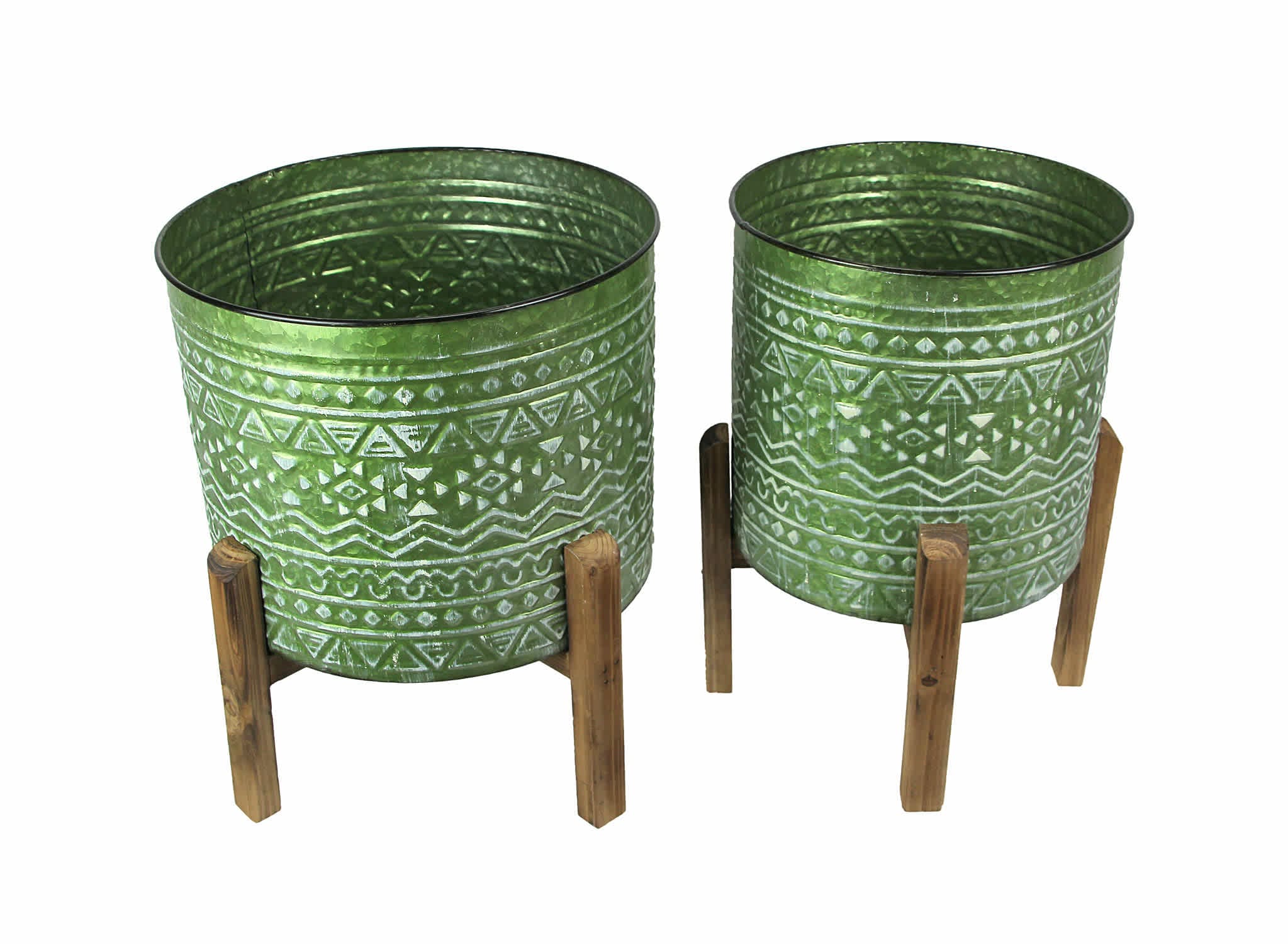 NAPCO NAP-13048 Set of 2 Native Geometric Pattern Stamped Metal Planters With Wooden Stands