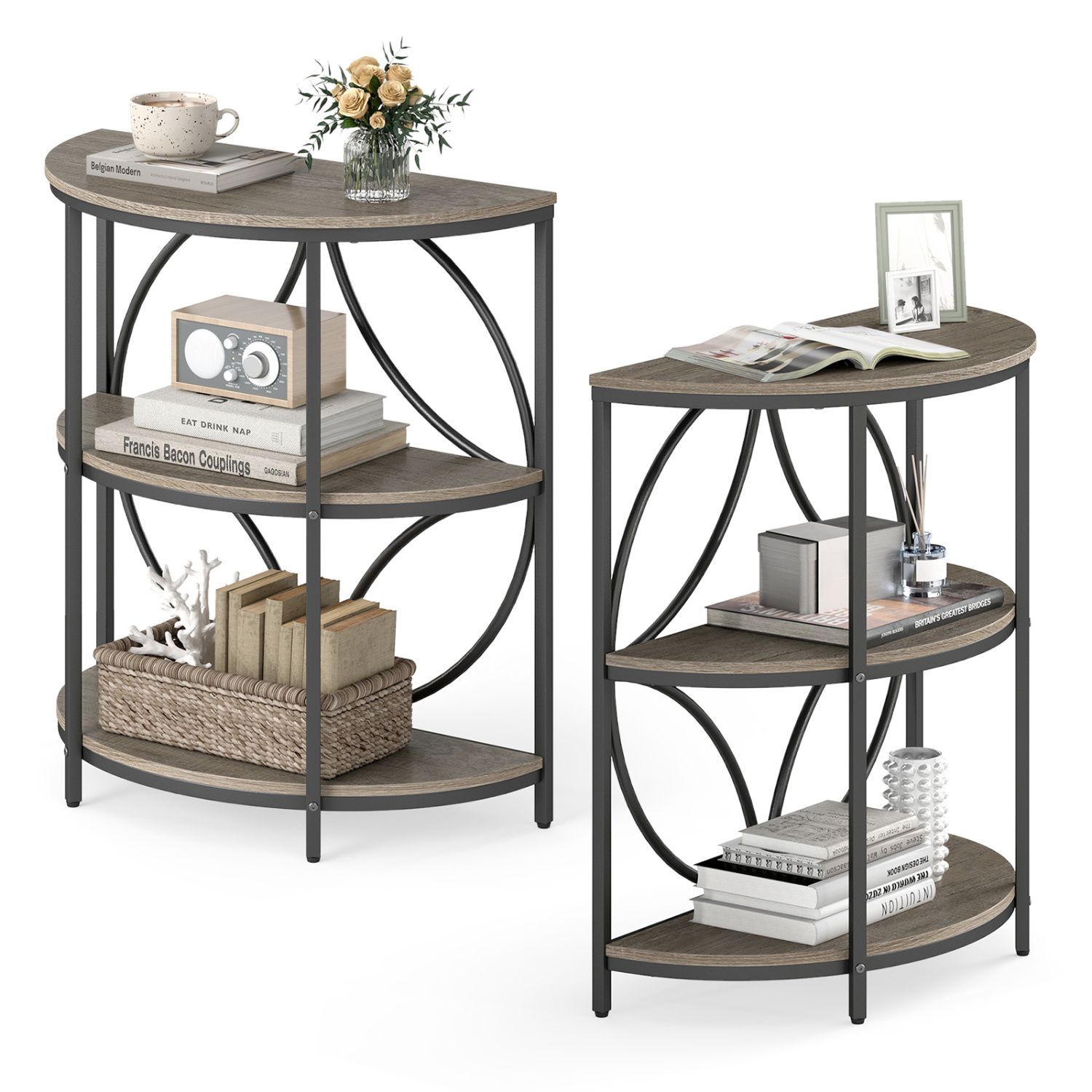 Slickblue Industrial Set of 2 Gray/Rustic Brown Wooden Semi Circular End Table with 3 Tier Shelves and Metal Frame for Living Room or Bedroom