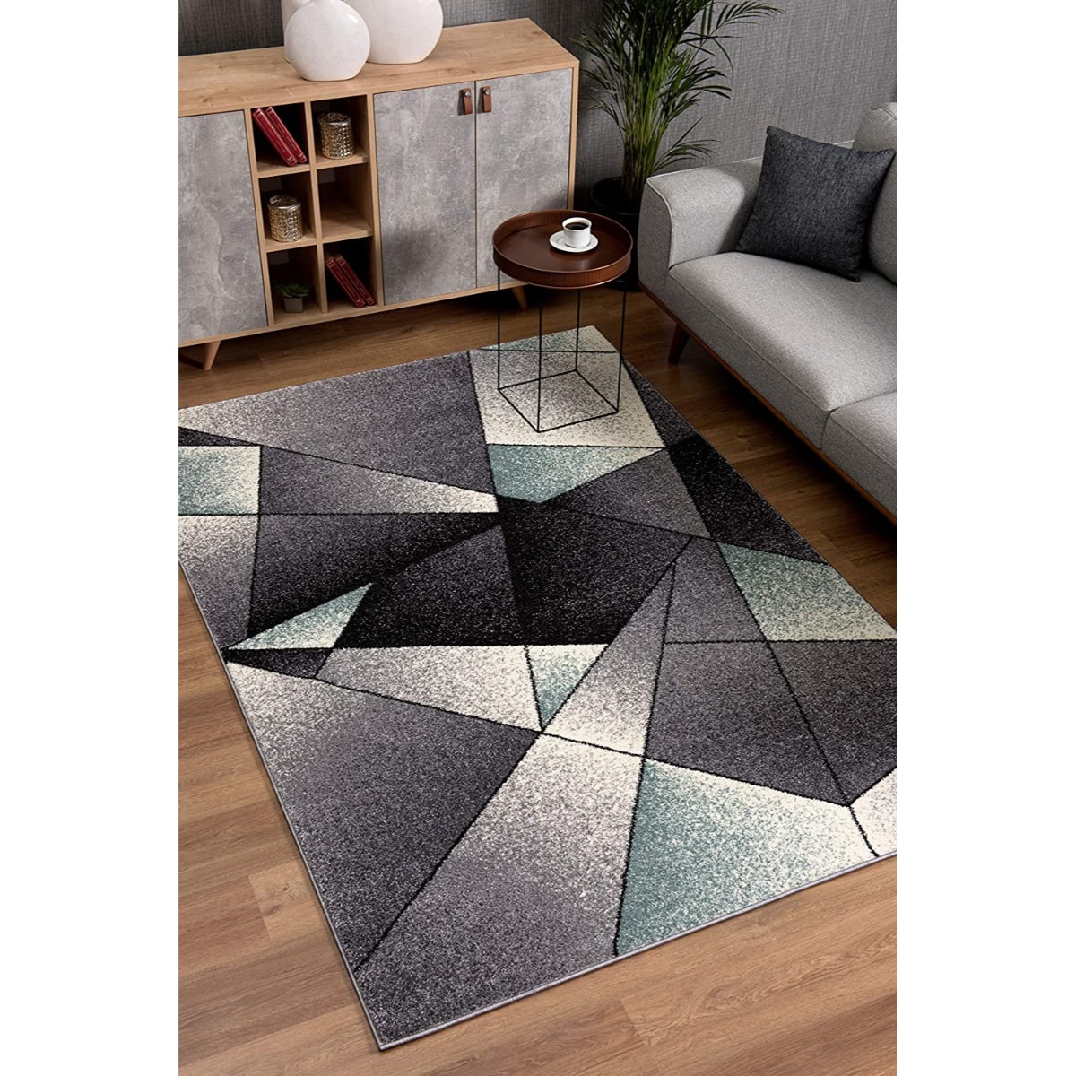 HomeRoots 4000390331 7 x 9 (ft) Rag Polyester Grey Blue Rectangular Indoor Geometric Vacuum regularly Area rug