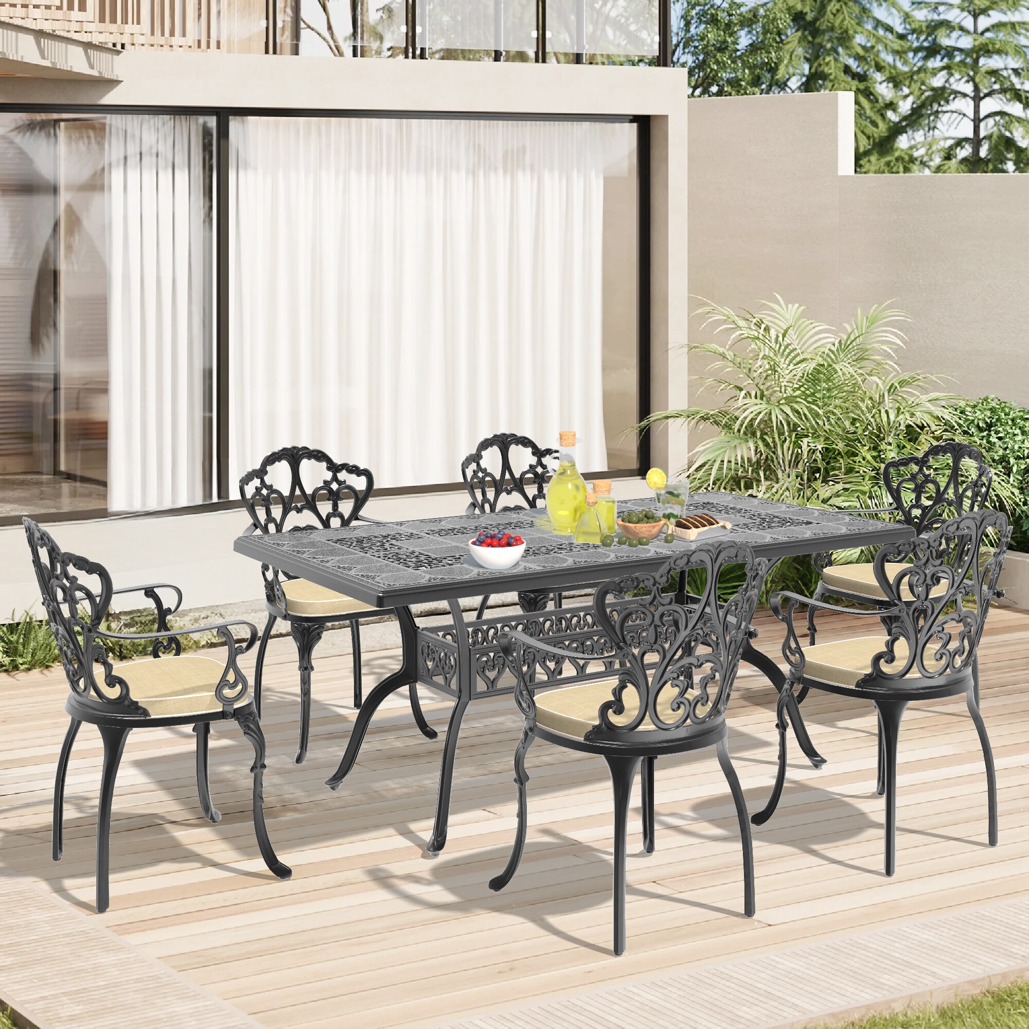 nicesure SLBK6047CZ6A1176RC 7 -Piece Black Patio Dining Set Aluminum Rectangle Table with 6 Cushions Stationary Chairs