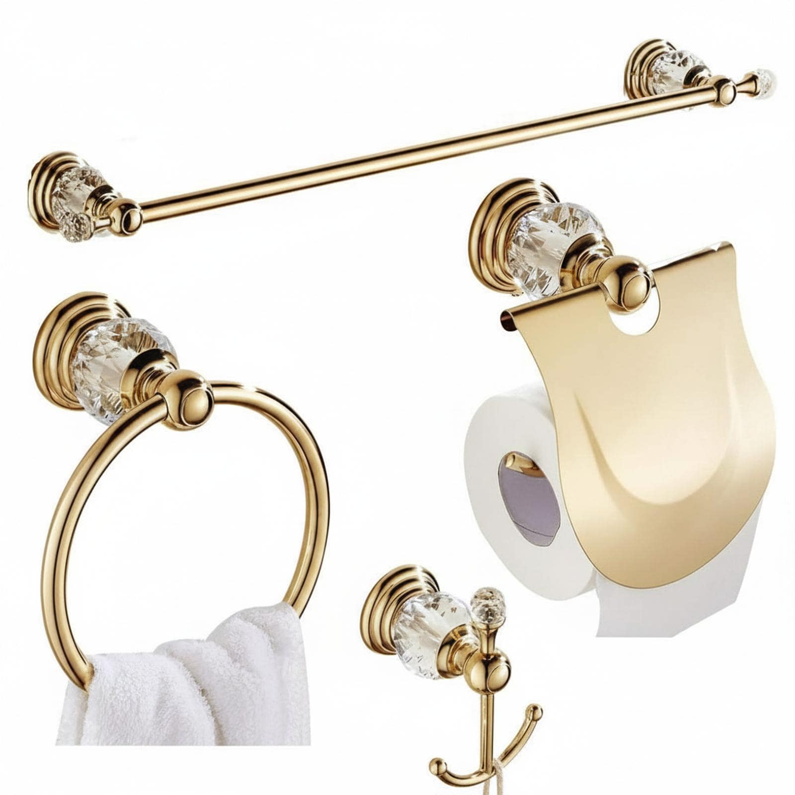Paradigms Interiors Crystal Bathroom Hardware Set Golden Towel Bar Hand Paper Holder Hook Ring Racks Wall Mounted Chrome Finish 304 Stainless Steel
