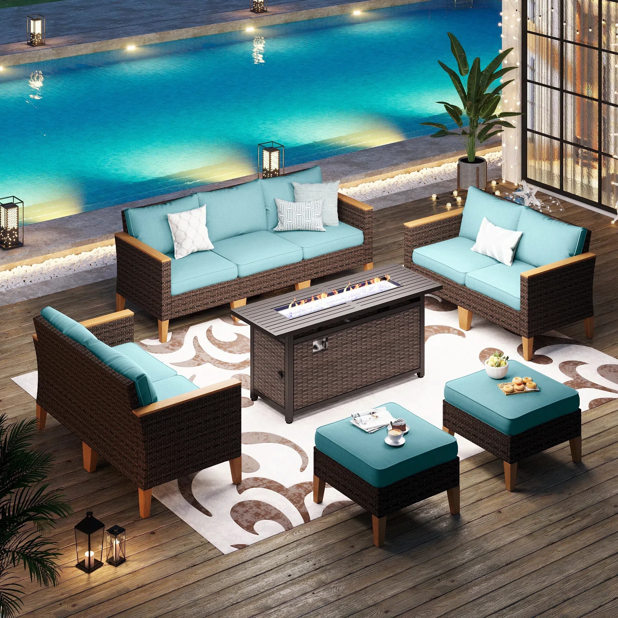 Sunshine Valley CR006-08-9-GS103-BU Patio Furniture Set with Fire Pit 10 -Piece Wicker Patio Conversation Set with Blue CUSHION PRO Cushions