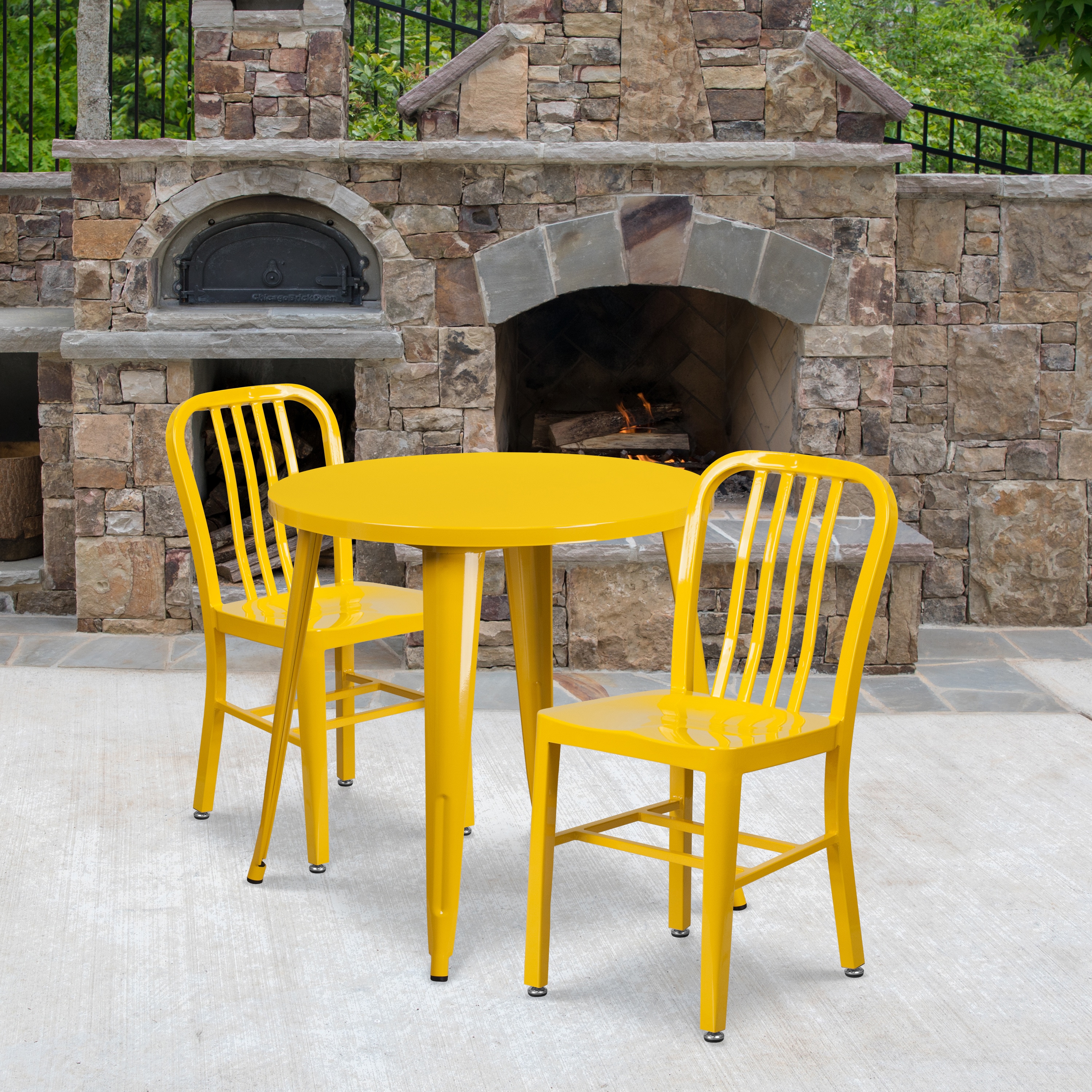 Flash Furniture 889142081258 Craig Commercial Grade 30-in Round Yellow Metal Indoor-Outdoor Table Set with 2 Vertical Slat Back Chairs