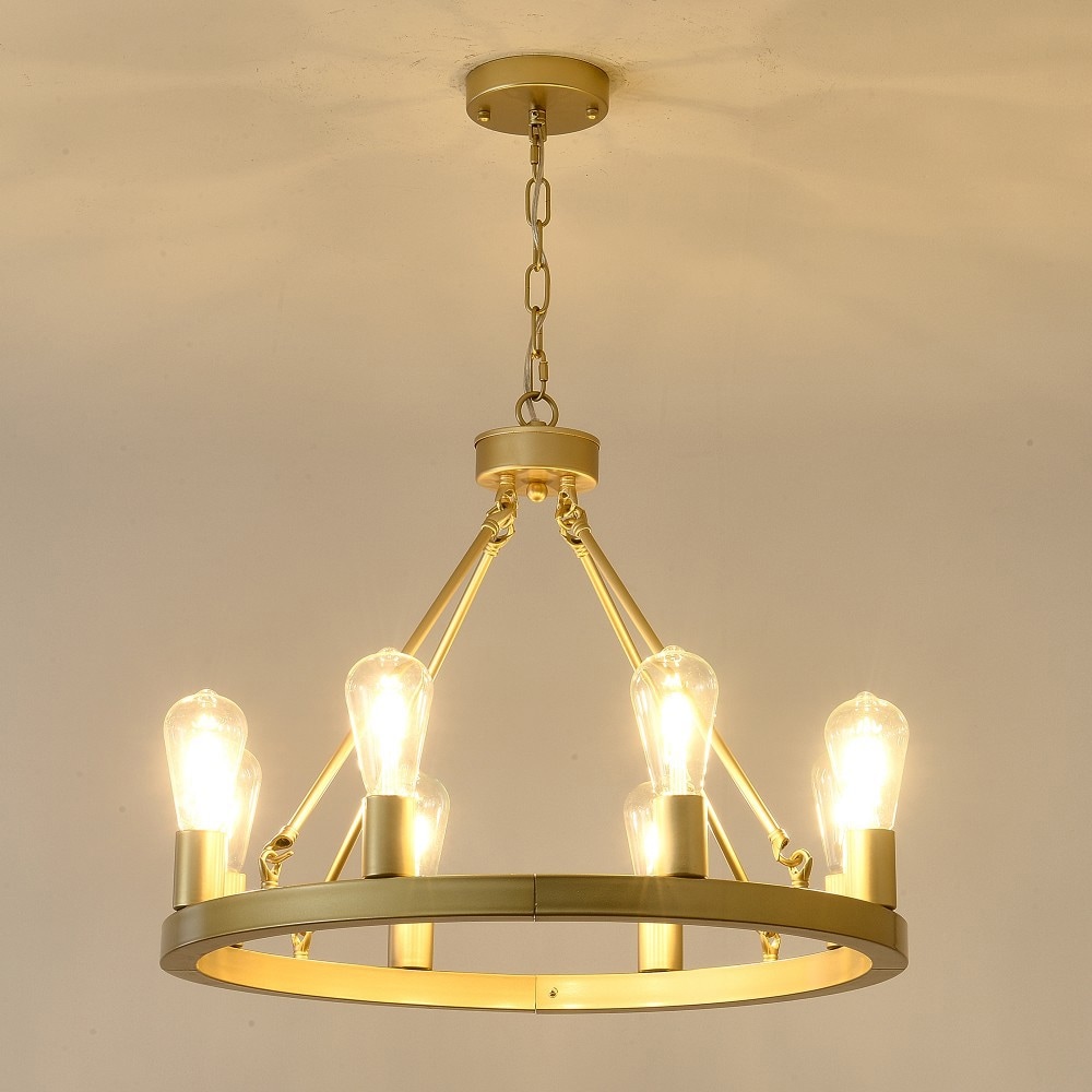 Basdien 23 in Gold Wagon Wheel Chandelier 8 Light Bulbs Not Included E26 Base Farmhouse Modern Small Round for Living Room Kitchen Island Foyer Hallway Entryway Bedroom Dining Room Adjustable Height 2 Chains Easy Install Home Decor Rustic