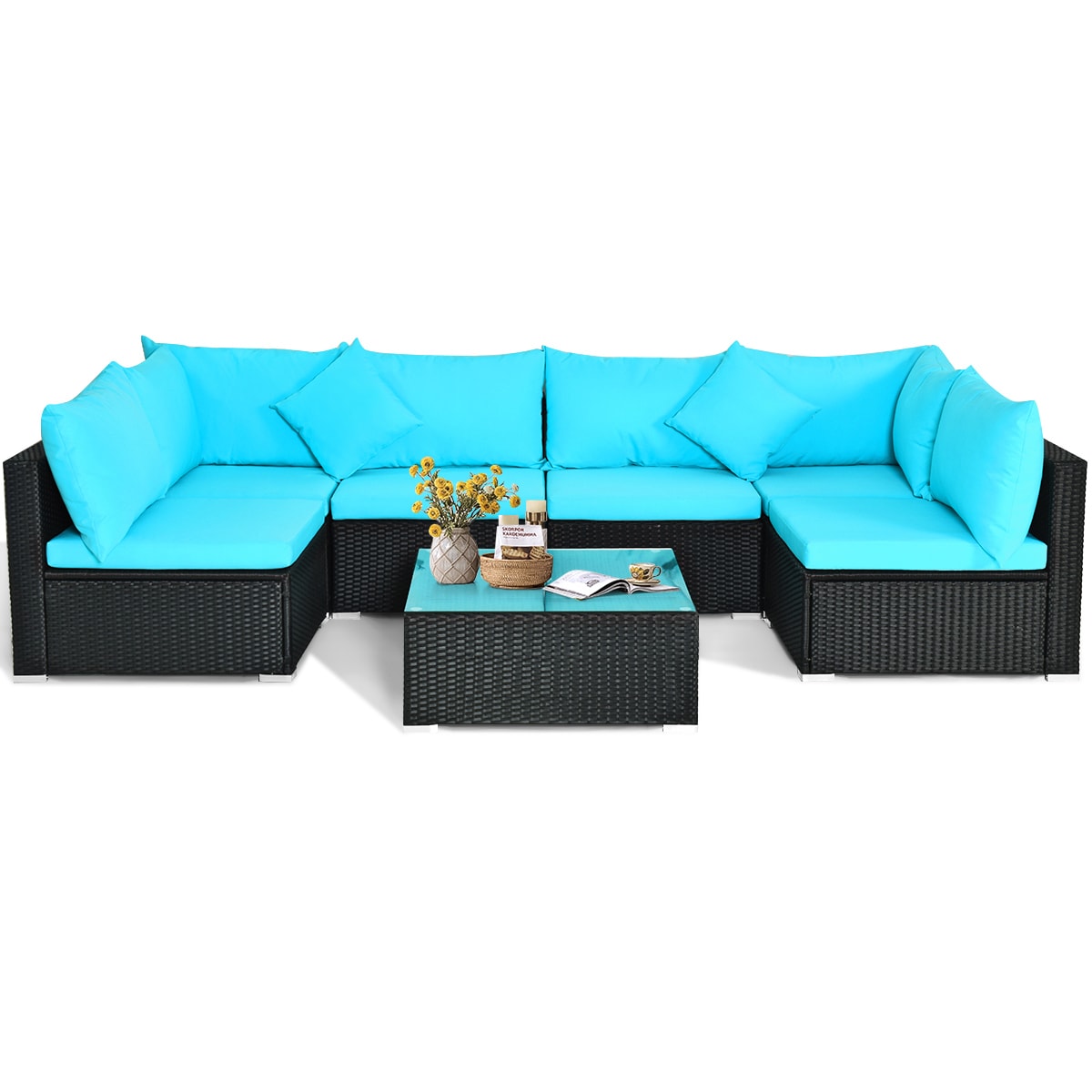 WELLFOR OUG66524BTU+ 7-Piece Patio Conversation Set with Blue Cushions