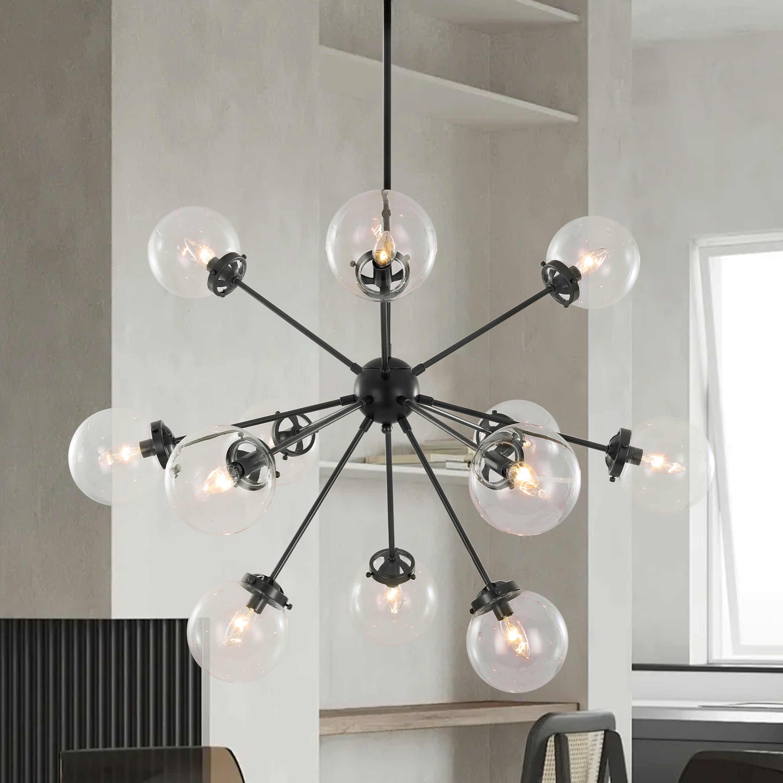 Matte Black 12-Light Sputnik Chandelier with Glass Globes