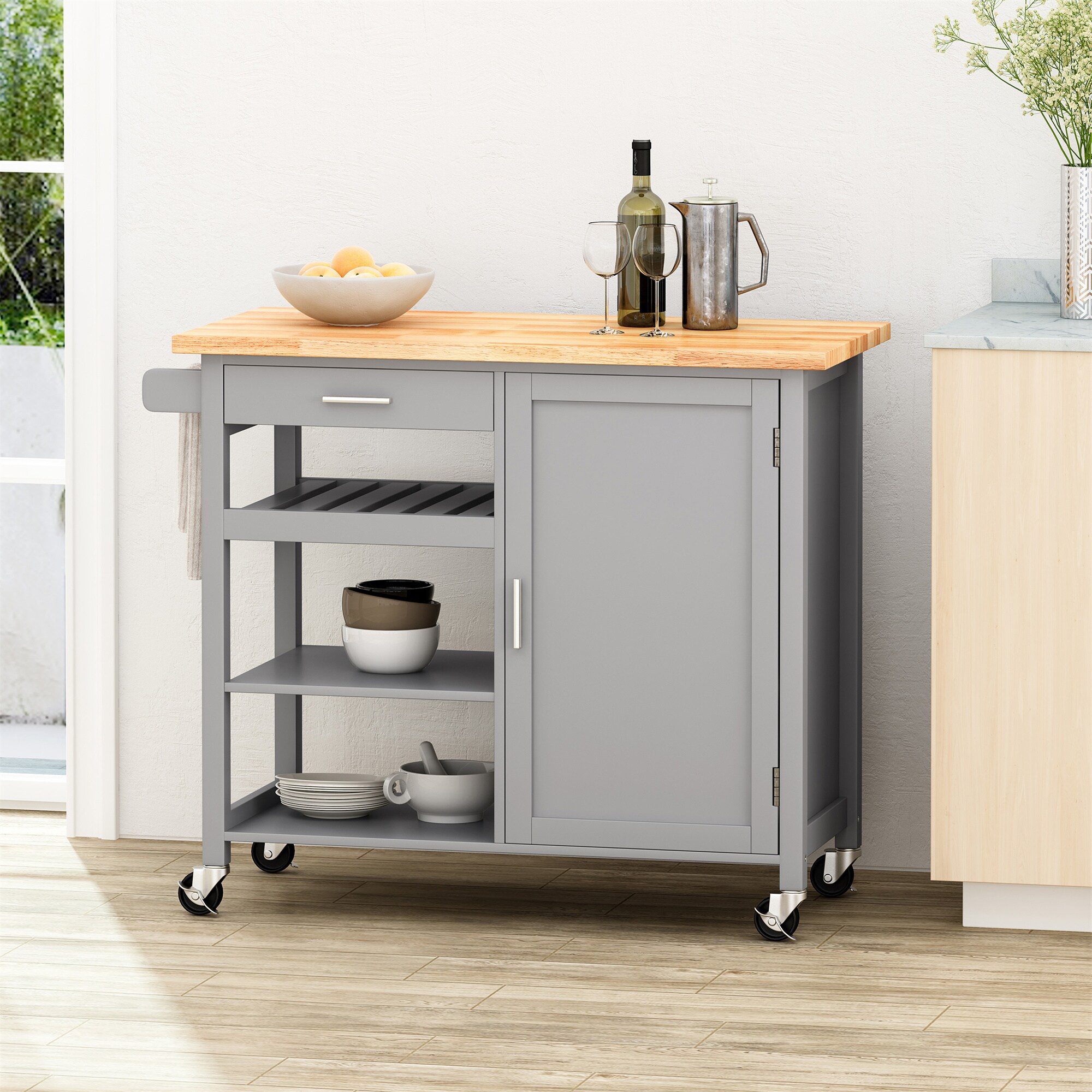 BABOOM Gray Wood Base with Wood Top Rolling Kitchen Cart (18.9-in x 41.75-in x 35.25-in)
