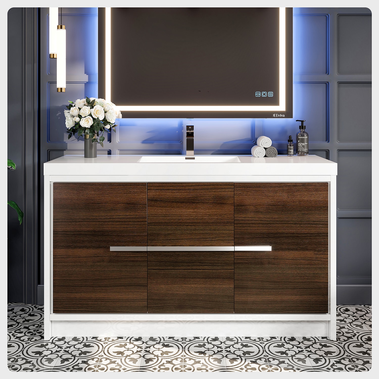 Eviva EVVN765-60GOK-WH-SS Grace 60-in Gray Oak Single Sink Bathroom Vanity with White Acrylic Top