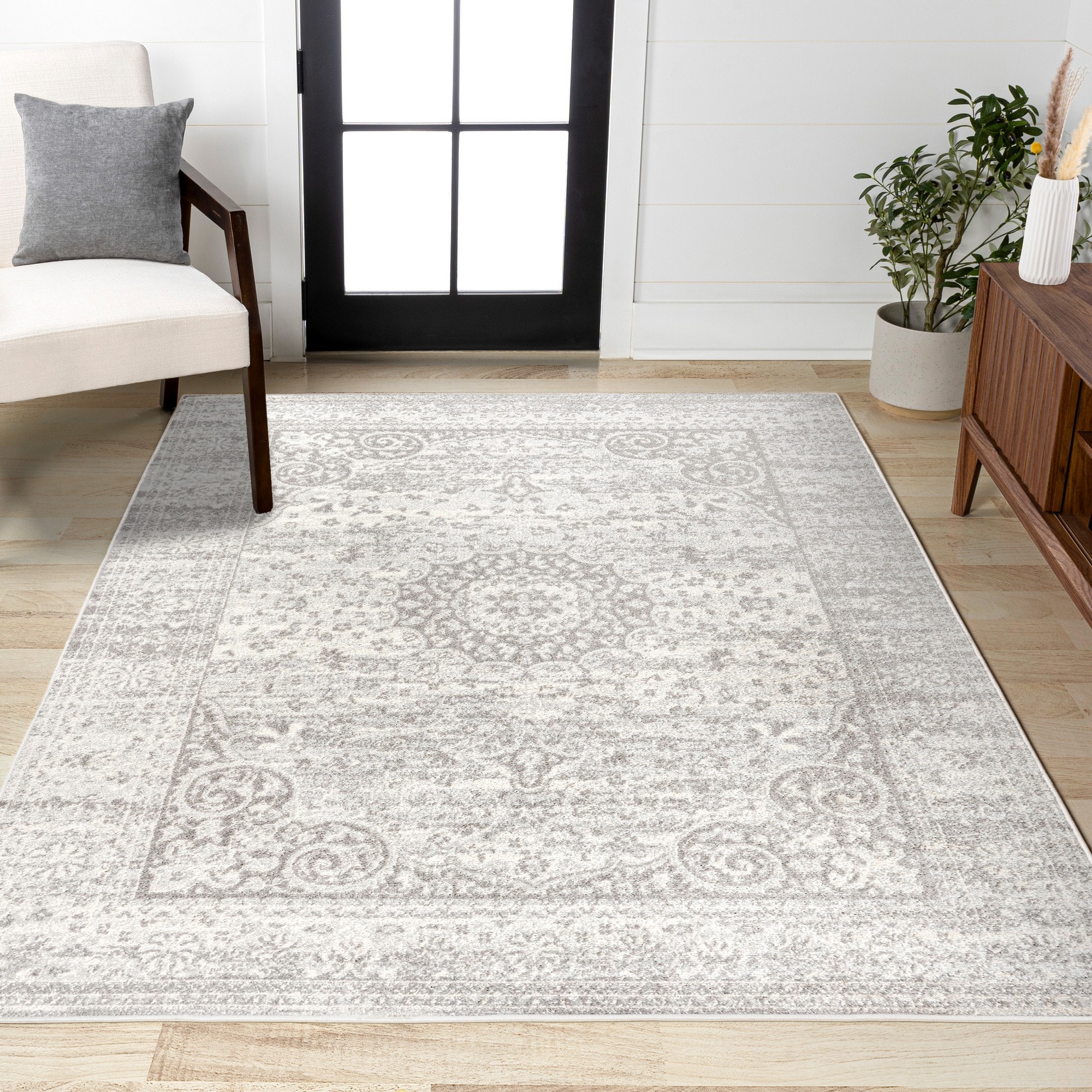 JONATHAN  Y BMF109B-8 BOHEMIAN FLAIR Scala Ornate Bohemian Medallion 8 x 10 (ft) Loomed Gray/Cream Rectangular Indoor Medallion Vintage Pet Friendly Area rug