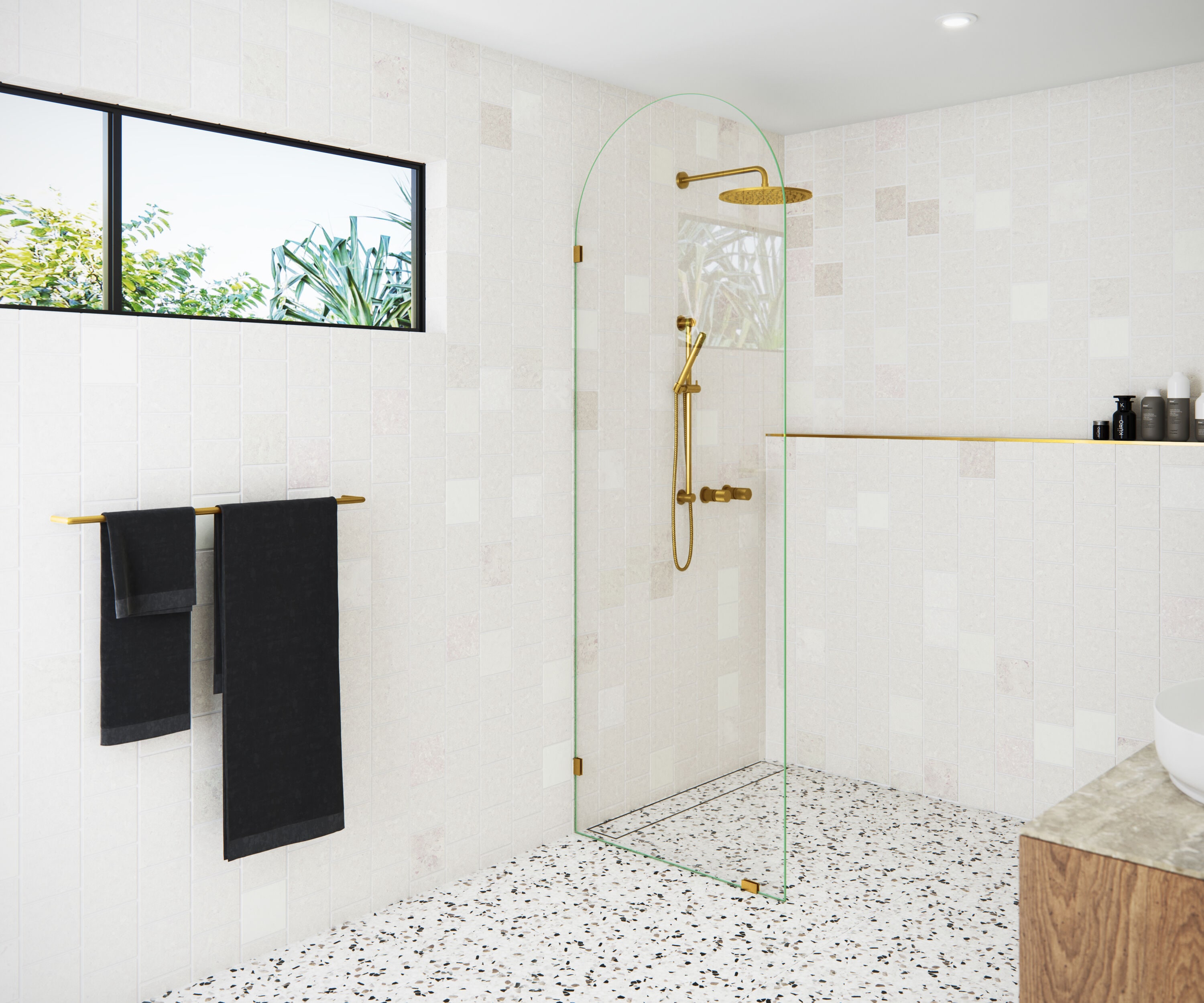 Glass Warehouse Venus Satin Brass 30-in W x 86.75-in H Frameless Tempered Glass Fixed Shower door