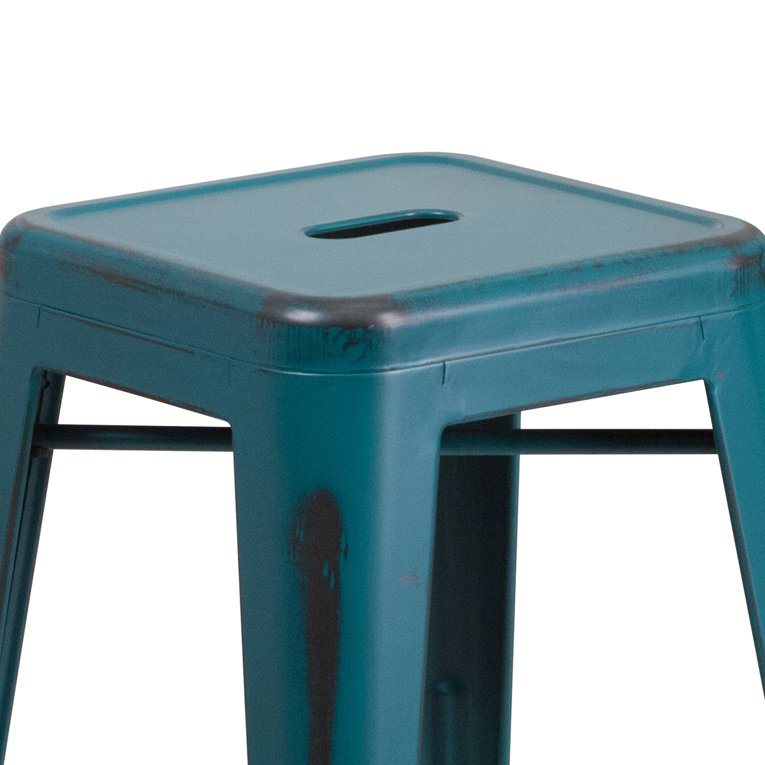 Flash Furniture Commercial Grade 4 Pack 24 High Backless Distressed Kelly Blue-Teal Metal Indoor-Outdoor Counter Height Stool 