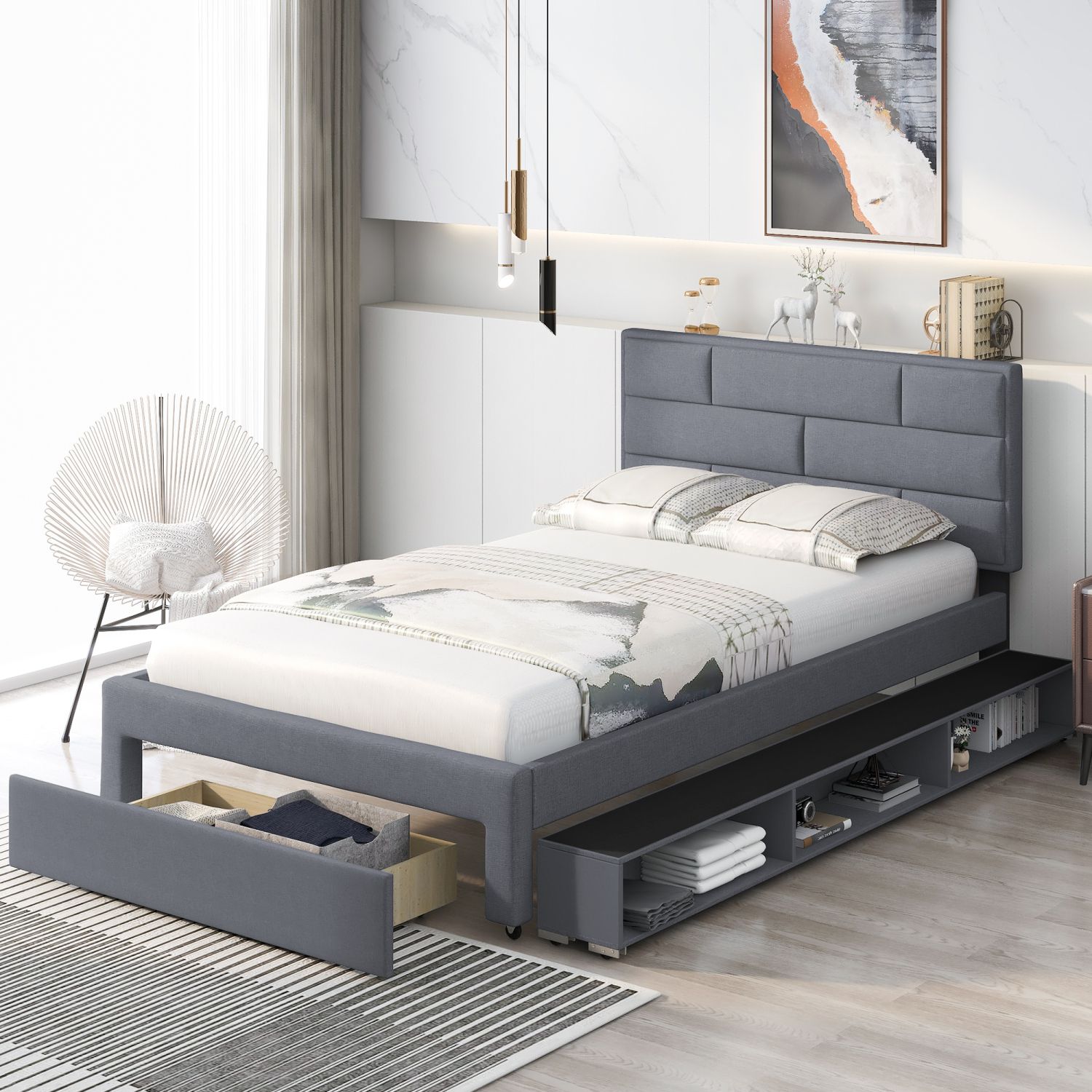 JASMODER GX000521AAE Gray Full Composite Platform Bed with Storage