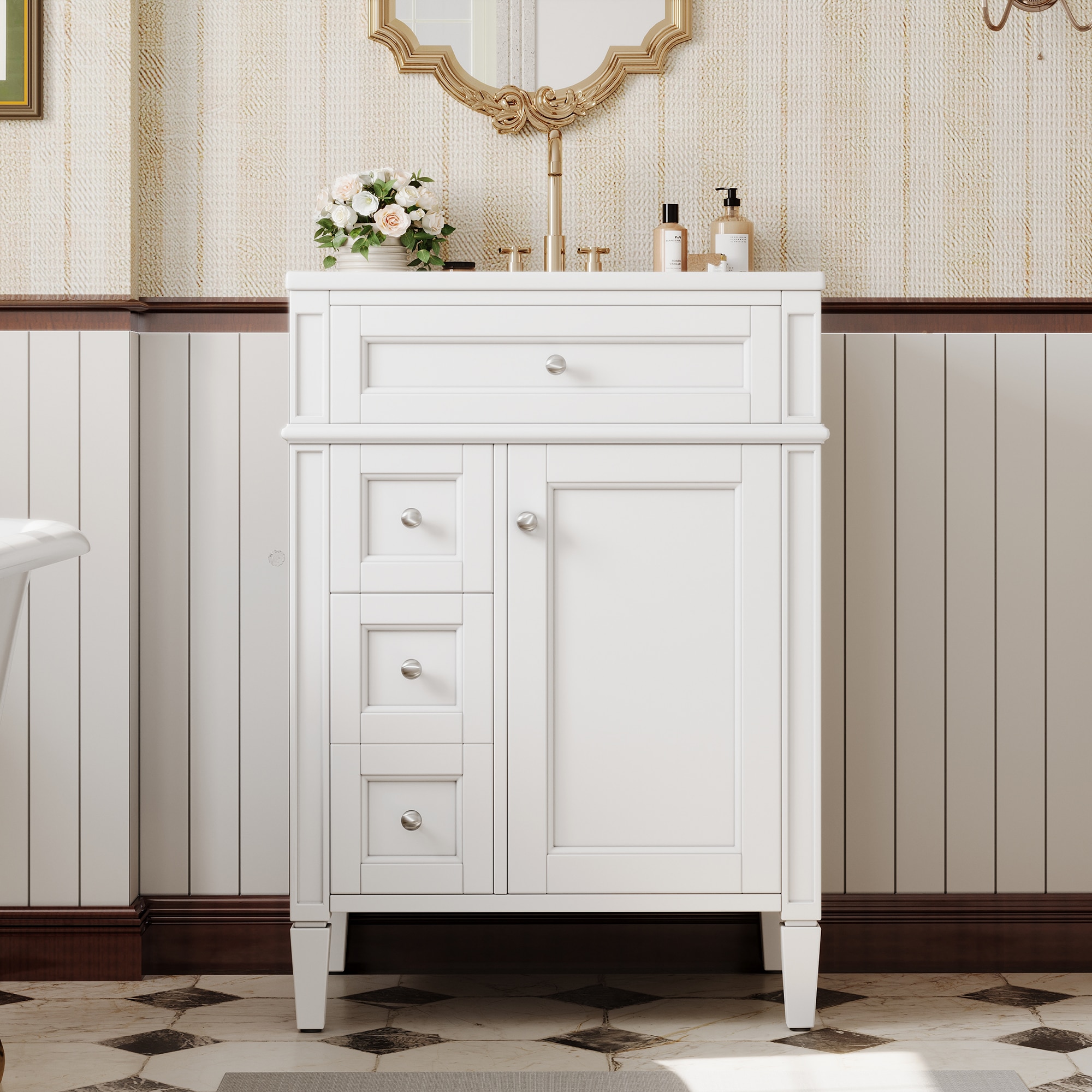 JUSHUA 24 inch White Bathroom Vanity with Ceramic Sink 2 Drawers Tip-Out Drawer Cabinet Shelves and Door Organizer
