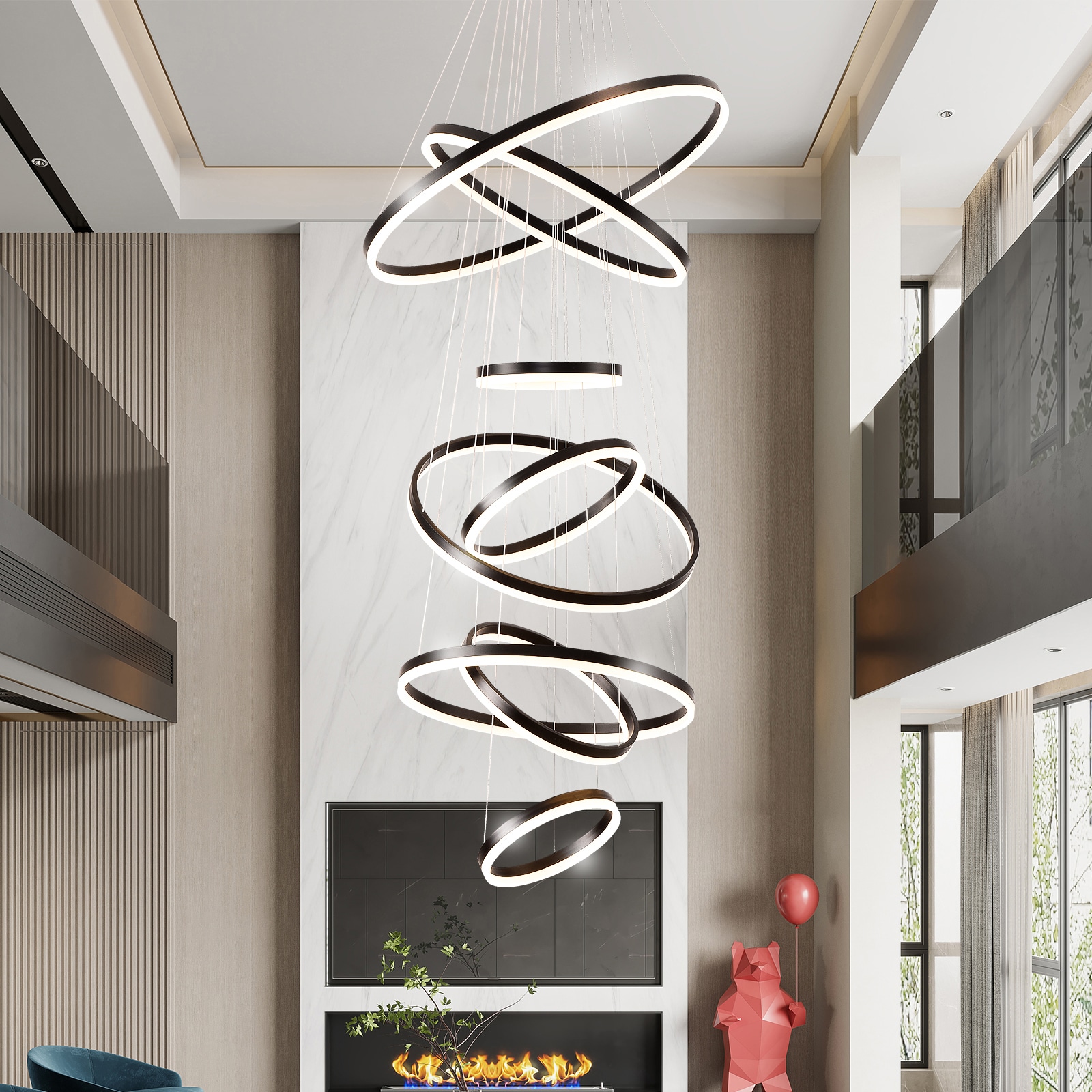 xersbav Modern 8 Rings 31in Black Dimmable LED Chandelier with Remote Control Large High Ceiling Pendant Light for Foyer Entryway Staircase Living Room Dining Room