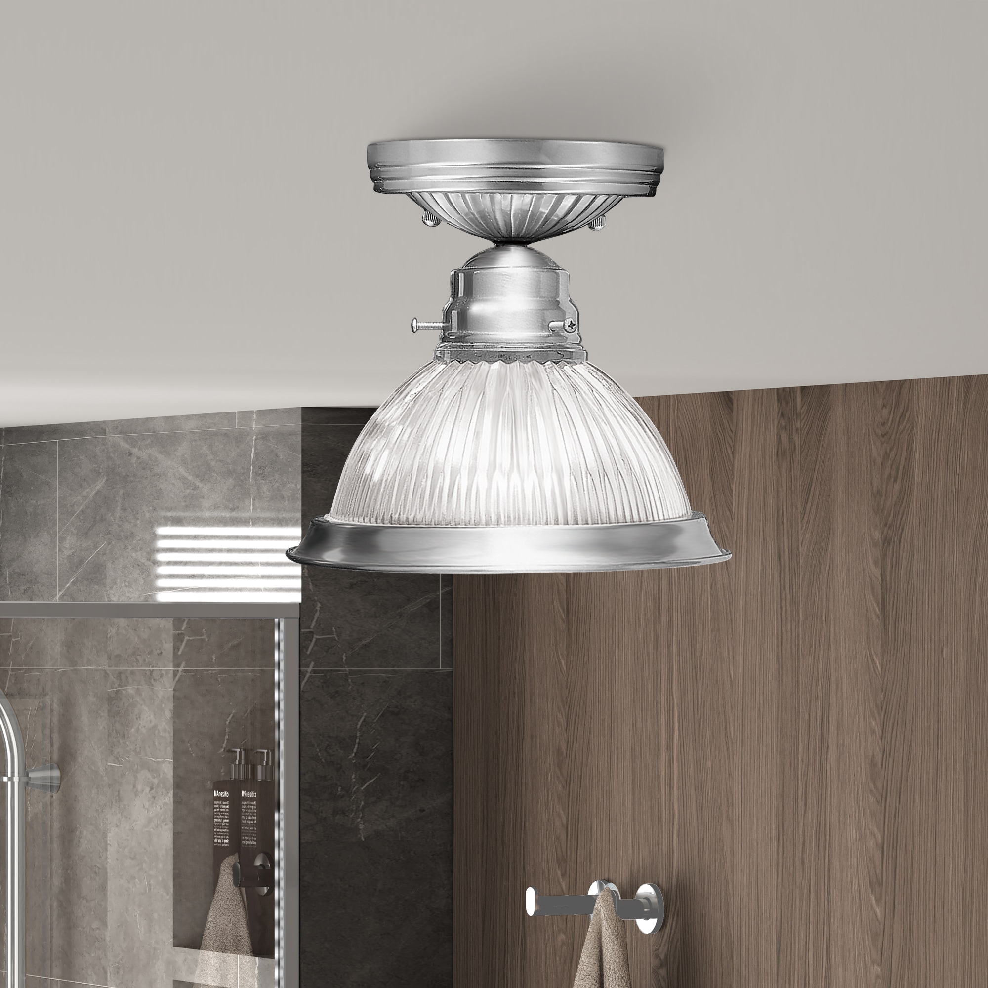 Elegant Brushed Nickel Flush Mount with Clear Ribbed Glass Bowl