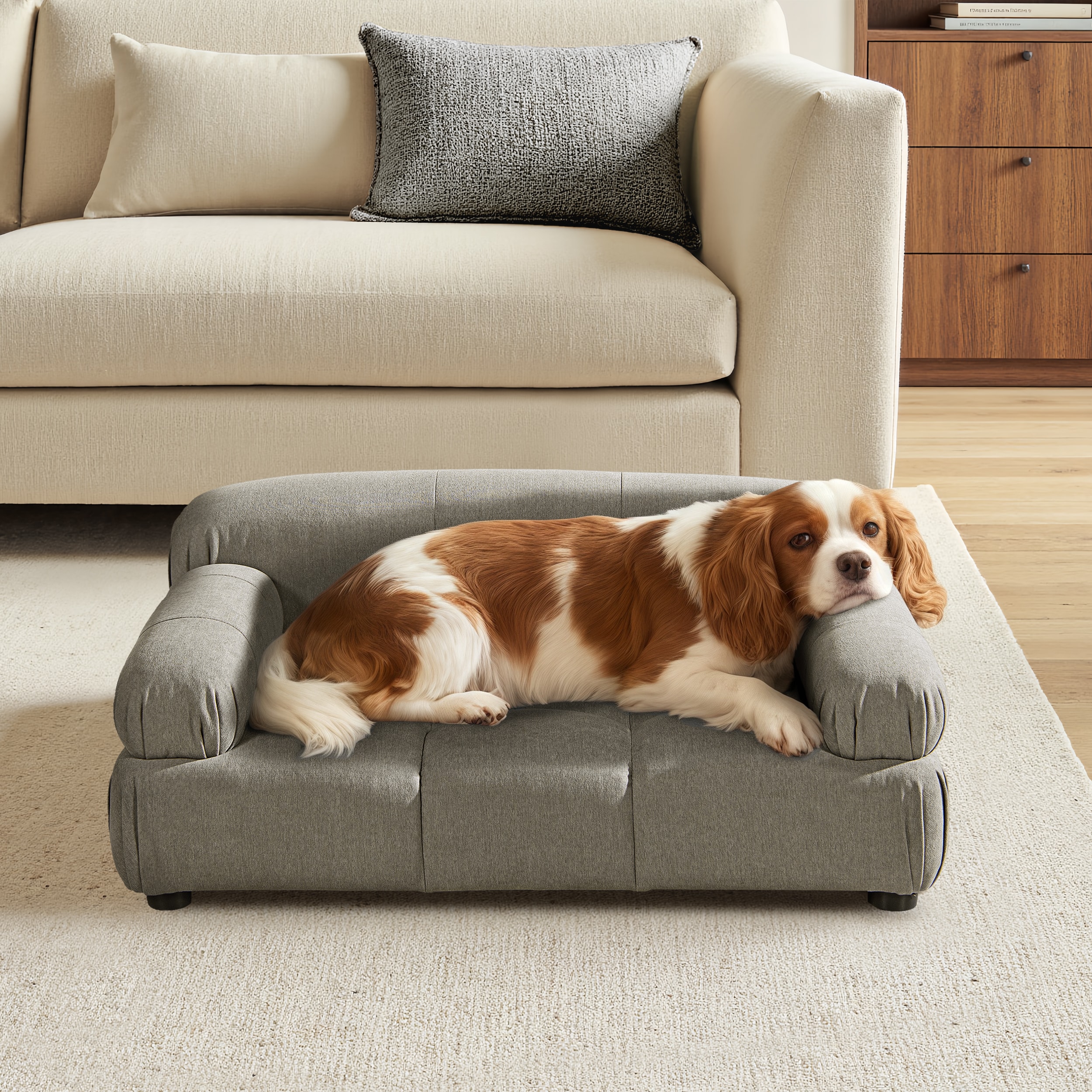 LUXEYARD Marcel Upholstered Modern Pet Bed Small to Medium Dog or Cat Uptown Gray Performance Velvet