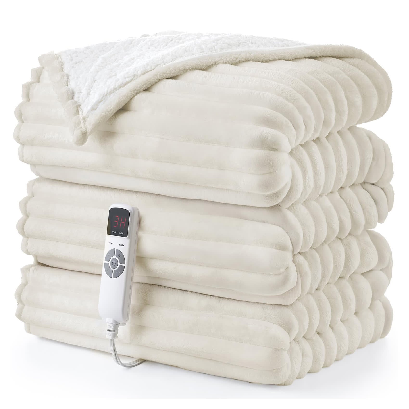 Etokfoks 50 x 60 Inch Heated Blanket Throw 9 Heating Levels Fast Heating Sherpa Fleece Electric Blanket Auto Shut Off Machine Washable Beige 1 Piece #LET1204E19