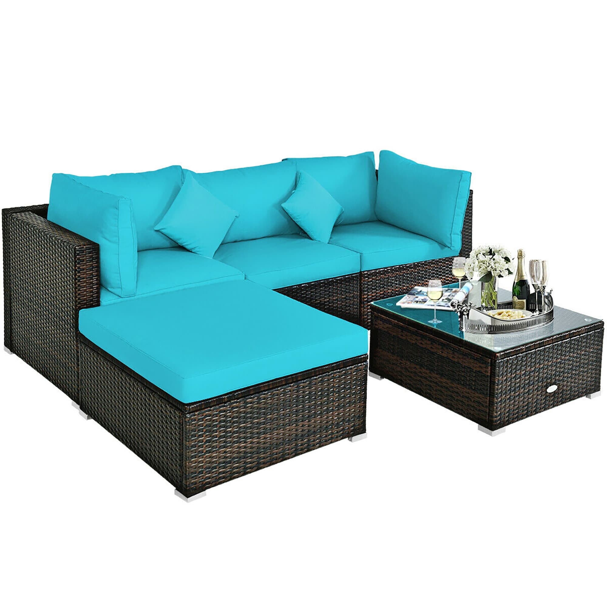 CASAINC TM-SH000090AAC Patio Rattan Furniture Set 5-Piece Rattan Patio Conversation Set with Blue Cushions