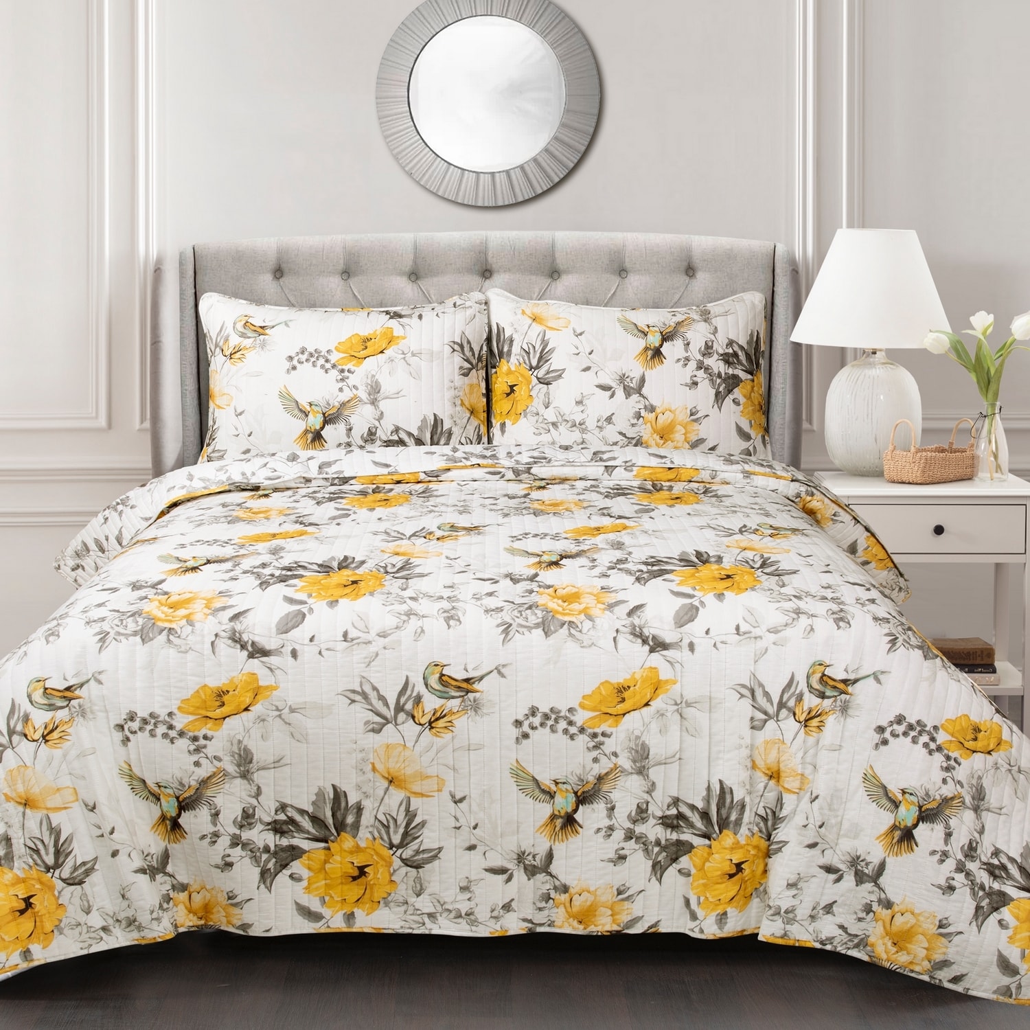 Gray and Yellow Cotton Floral Reversible Full Quilt Set