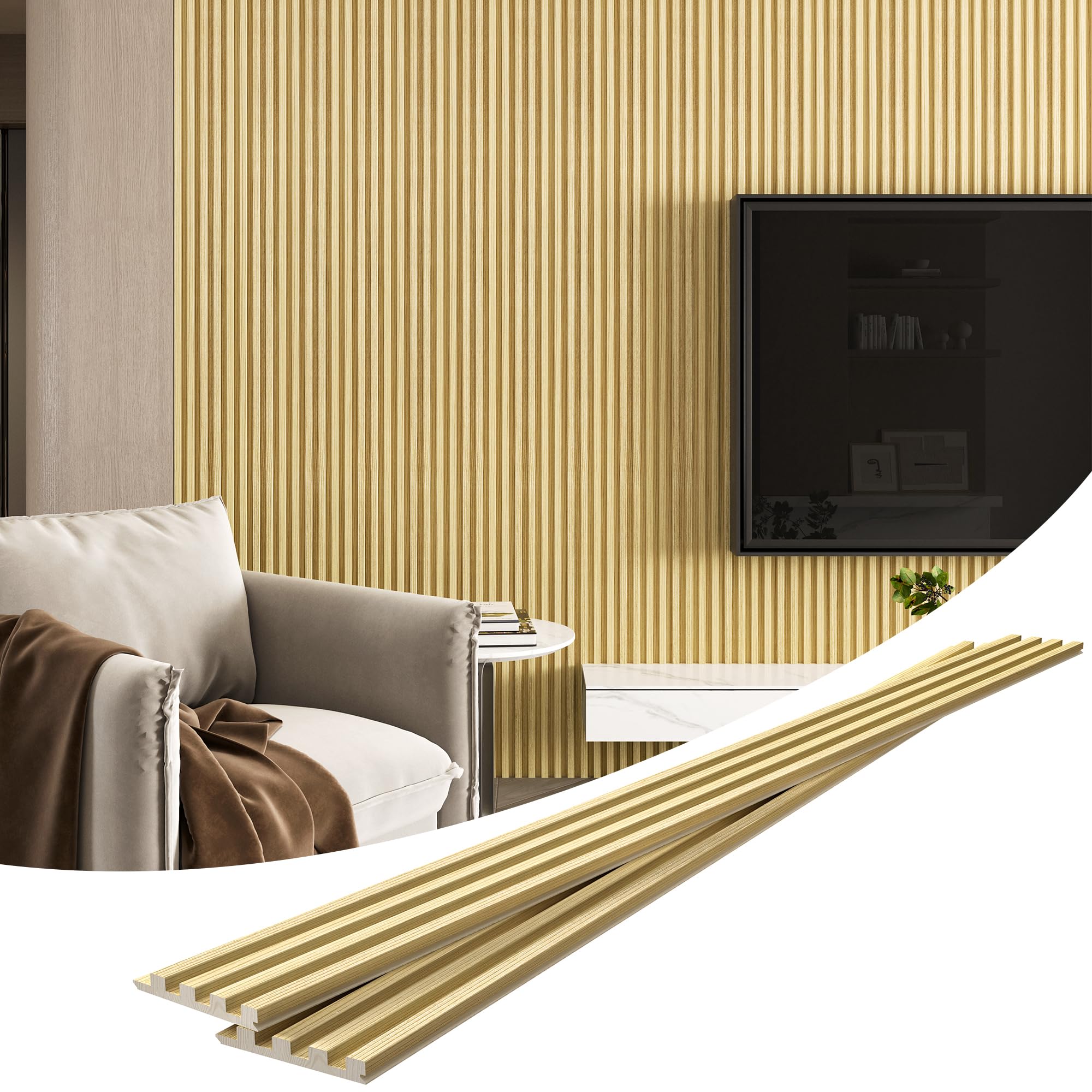 LOVMOR 4 Packs 94.5 in. Solid Wood Panels for Wall Acoustic Wood Slat Wall Panels for TV Background Living Room in Oak #SF-Y-GSB-SM-N
