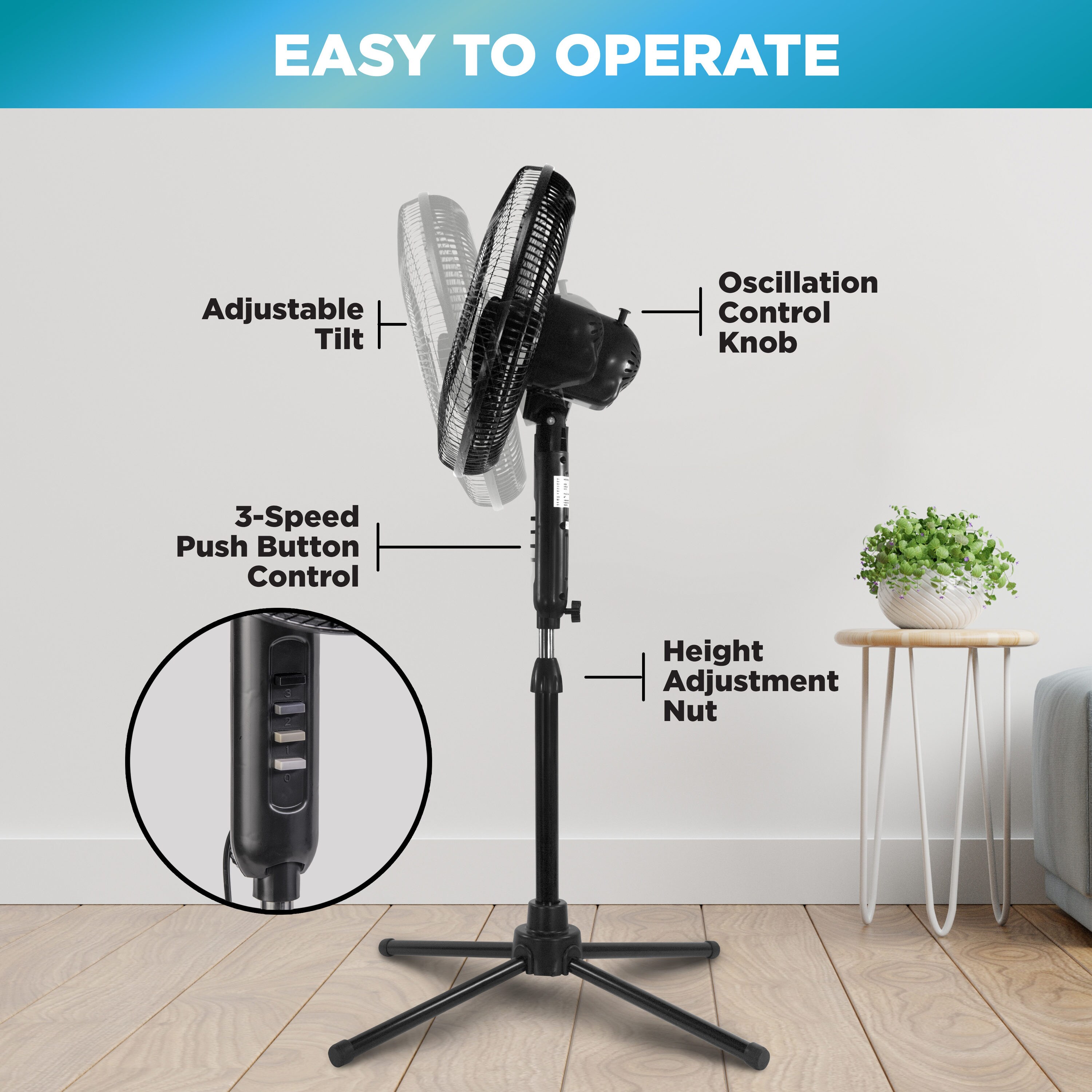 3-Speed 60-Watt 16-In. Dual-Blade Oscillating Stand Fan with Remote, 1 - QFC